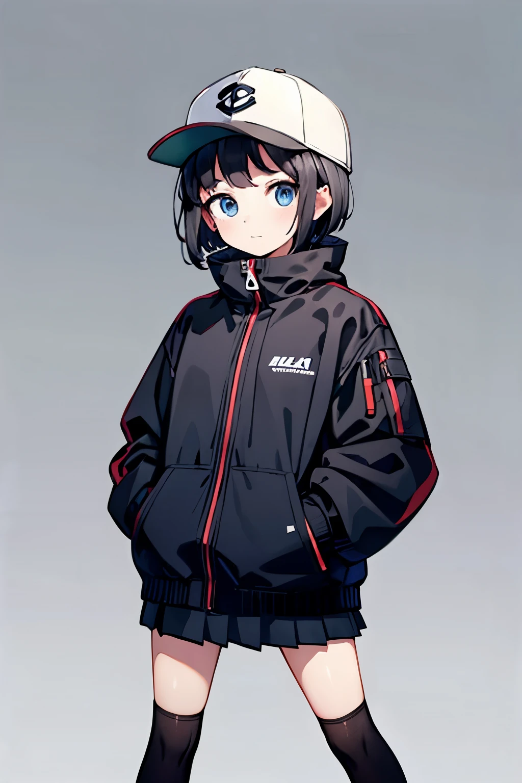 (((masterpiece, illustration, best quality))), 1girl, solo, blue eyes, ((detailed eyes)), looking at viewe, ((short hair)), ((black hair)), standing, ((baseball hat)), white headwear, upper body, black jacket, Closed sweater, ((Scenenary:white background)), black socks, ((black shirt)), perfect body, fit body, (closed mouth), li, (hands in pockets), waterproof jacket, skirt white