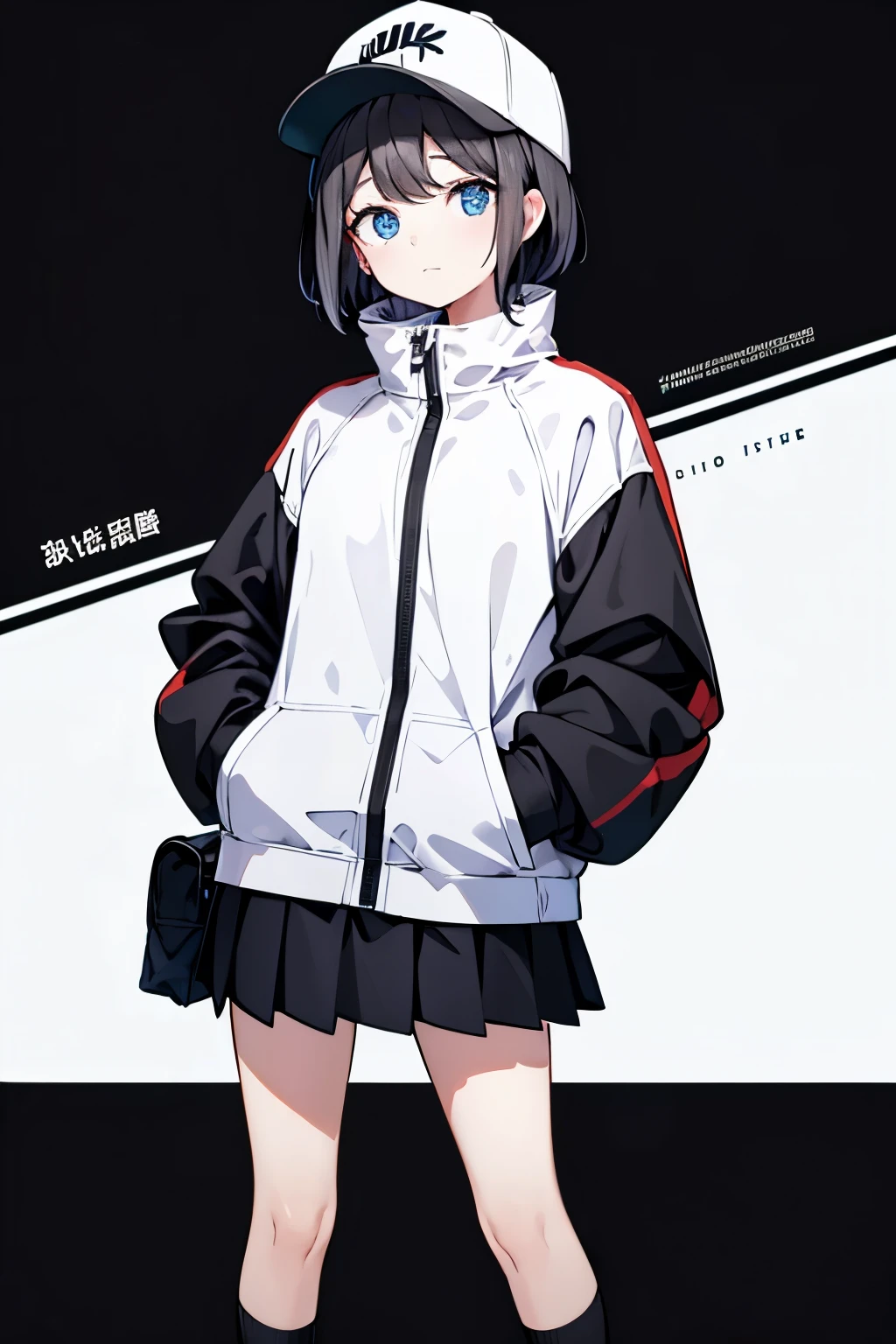 (((masterpiece, illustration, best quality))), 1girl, solo, blue eyes, ((detailed eyes)), looking at viewe, ((short hair)), ((black hair)), standing, ((baseball hat)), white headwear, upper body, black jacket, Closed sweater, ((Scenenary:white background)), black socks, ((black shirt)), perfect body, fit body, (closed mouth), li, (hands in pockets), waterproof jacket, skirt white