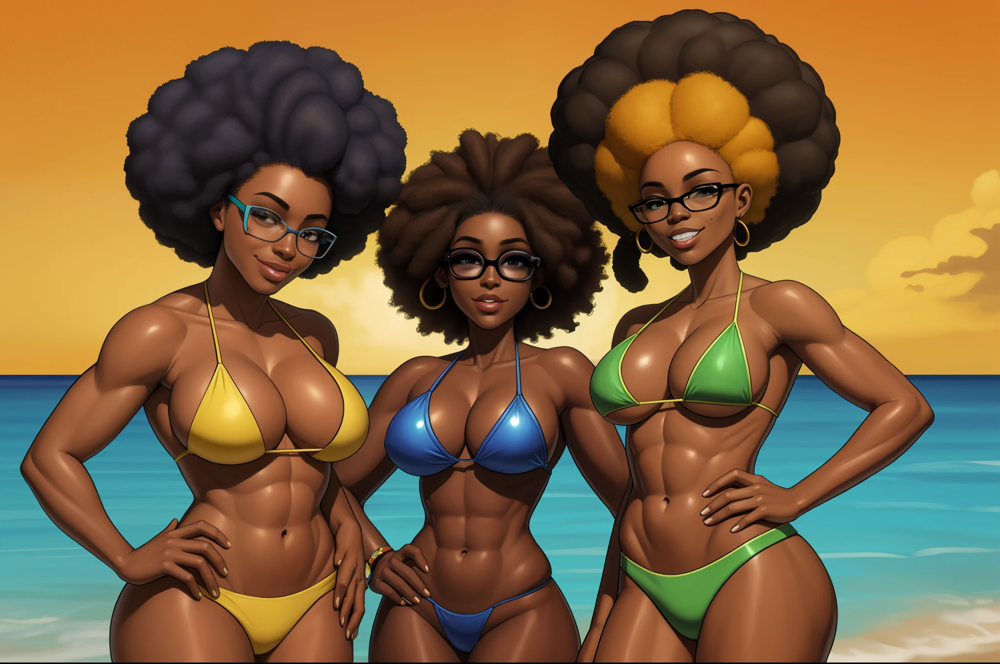Three women in bikinis with freckles, glasses and ties posing for a photo, epic oshun, Estilo afrofuturismo, realistic bikini, Afro futurista, afro - estilo futurista, anime afro futurismo |, Futurismo Afro, Anime estilo deviantart arts tation cgscosiety, Afro Futurista, stylized rendering, Cores da Jamaica, epic yemaya, Afro futuristic woman in bikini posing for photo, wearing a two-piece swimsuit, pele escura, mulher negra, Full body photo in bikini, Rainha africanoa, corpo grande, de pele escura, bikini model, swimsuit model, is wearing a swimsuit, africano, thicc, mulher africanoa, mulher jovem negra, Jamaican vibe, marrom, afro