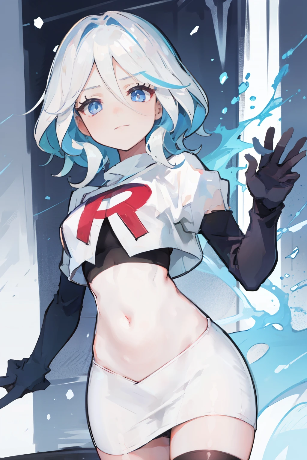 One girl, Delicate face, of the highest quality, The 8k quality, team rocket,team rocket uniform,white skirt,red letter R,crop top,black thigh-highs,black elbow gloves