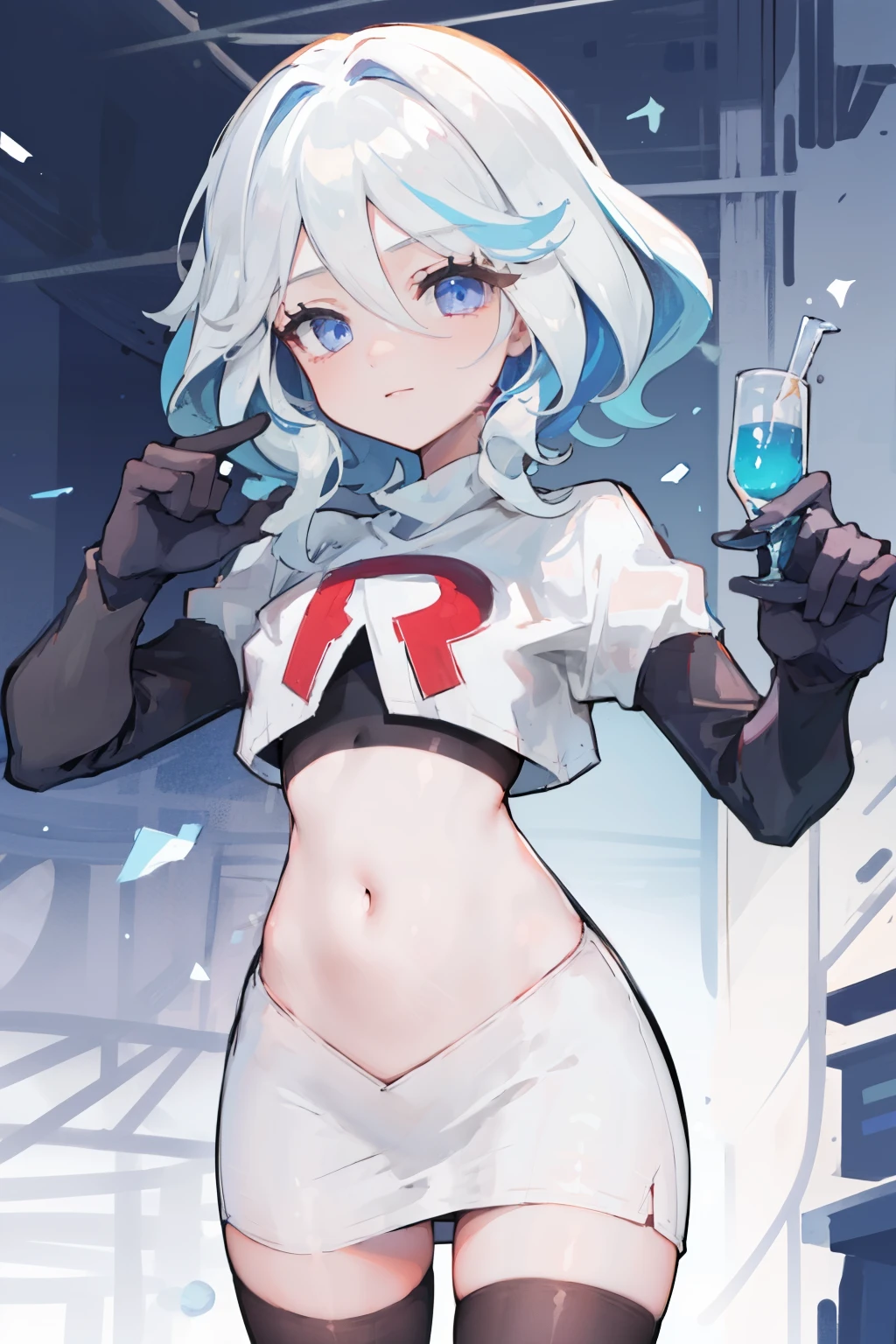 One girl, Delicate face, of the highest quality, The 8k quality, team rocket,team rocket uniform,white skirt,red letter R,crop top,black thigh-highs,black elbow gloves