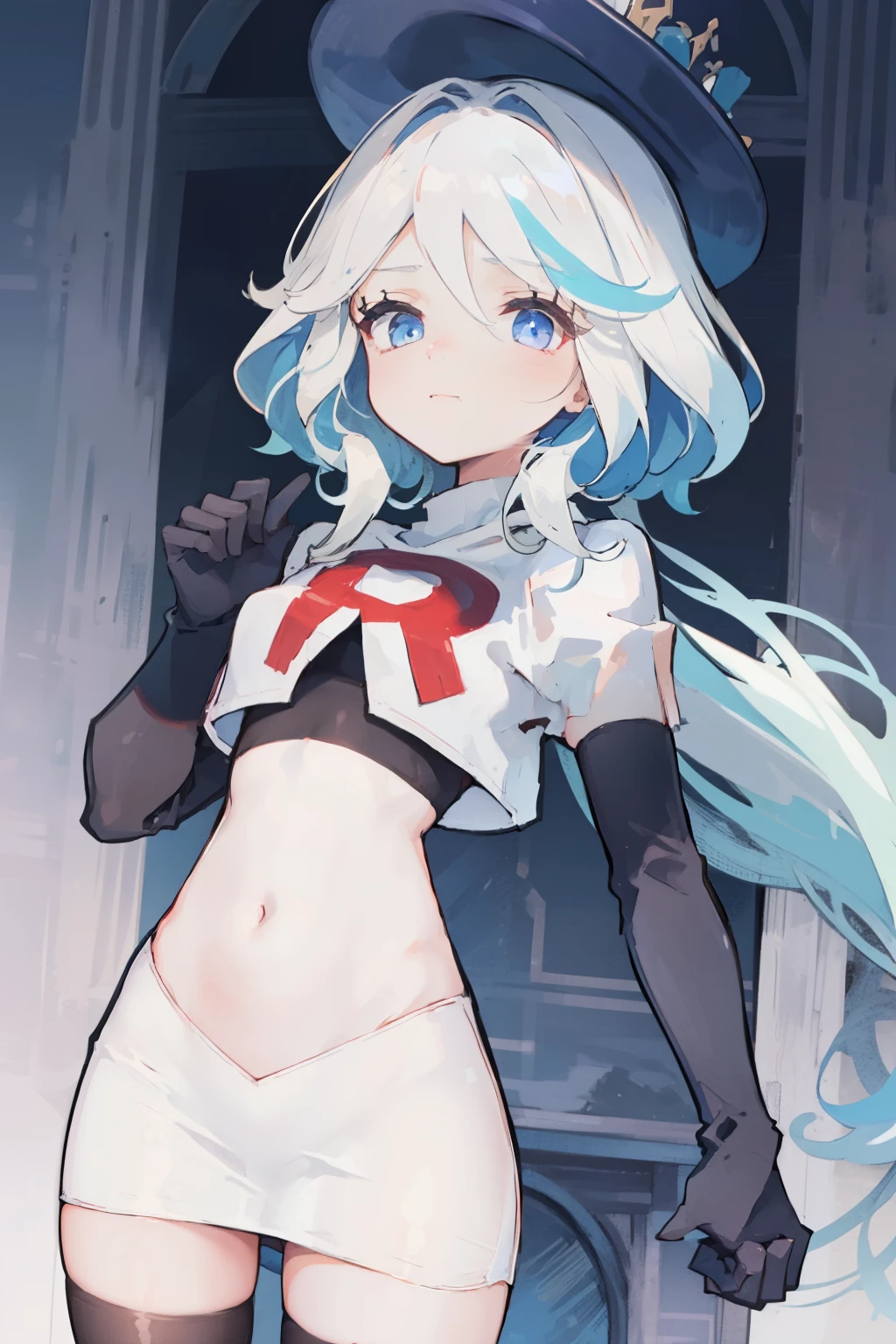 One girl, Delicate face, of the highest quality, The 8k quality, team rocket,team rocket uniform,white skirt,red letter R,crop top,black thigh-highs,black elbow gloves