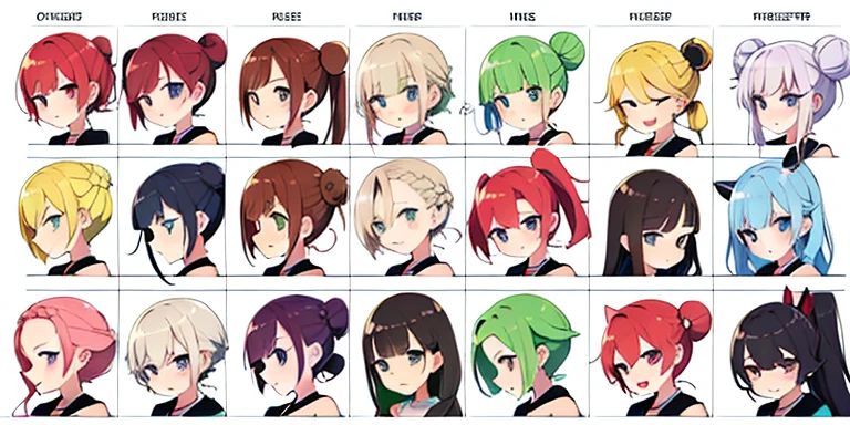 mugshot, multiple views, white background, different hair styles, emotes of different expressions, camisole, lineup,
twin-tail hair style,
pony-tail hair,
wavy long hair,
braid,
parted bangs,
high ponytail,
low ponytail,
big hair,
cornrows,
hair bun,
hair rings,
half updo hairstyle,
diagonal bangs,
two side up hair,
flipped hair,
blunt bangs,
warm-toned hair colors,
cool-toned hair colors,
brown hair color,
red hair color,
yellow hair color,
white hair color,
purple hair color,