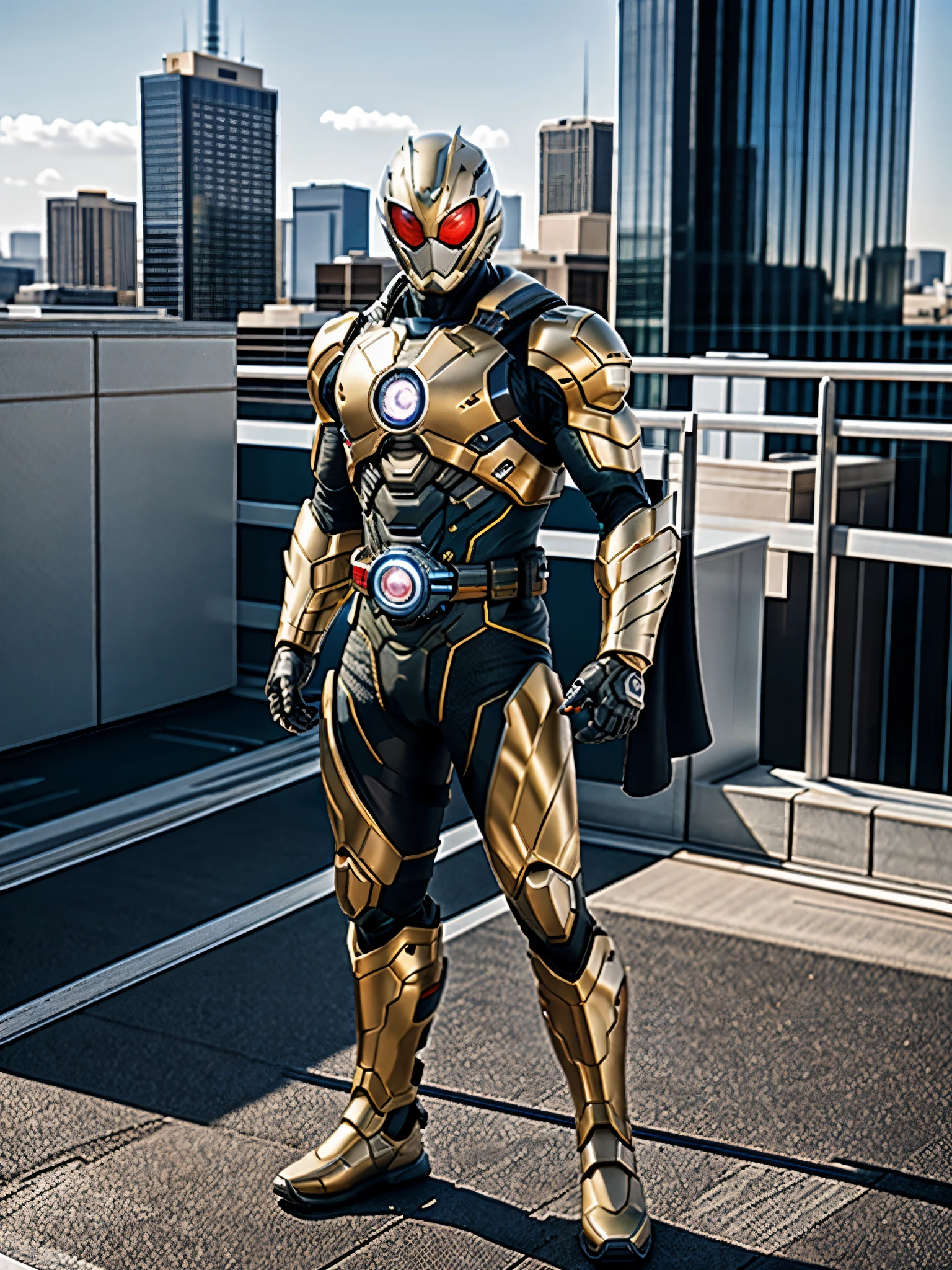 A superhero, a high-tech biotech battle suit, standing on a rooftop, looking over the city, Japanese tokusatsu and American comic style, biometallic texture of the suit, sleek and shiny, dynamic, metallic, sophisticated design, symmetrical face, extremely detailed eyes and face, high quality eyes, high definition, best quality, highres, ultra-detailed, ultra-fine painting, exquisite and mature, extremely delicate, professional, anatomically correct, creativity, UHD, HDR, 32k, Natural light, cinematic lighting, best shadow, masterpiece-anatomy-perfect, masterpiece