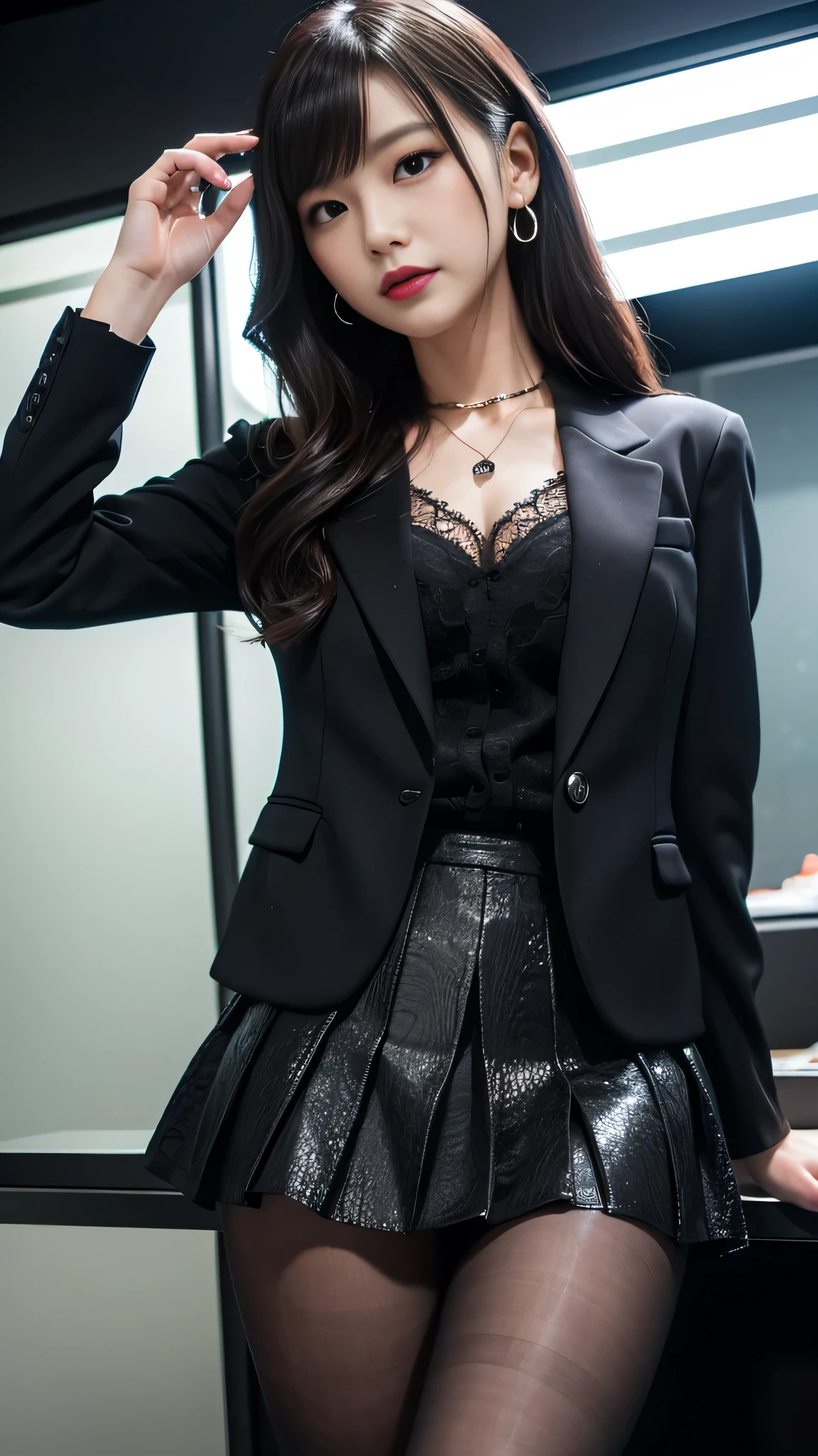 Super detailed、Japanese、charming beauty、Dainty woman、sharp eyes、cool girl、wavy hair、suit、Jacket、blouse、Tight Skirt、black pantyhose、evil female executive、evil depravity、brainwashing、lacy fabric、Shiny legs、lipstick、lip gloss、grin、邪evilなな表情、evil、empty eyes、邪evilな、in the darkroom、lure、meanwhile