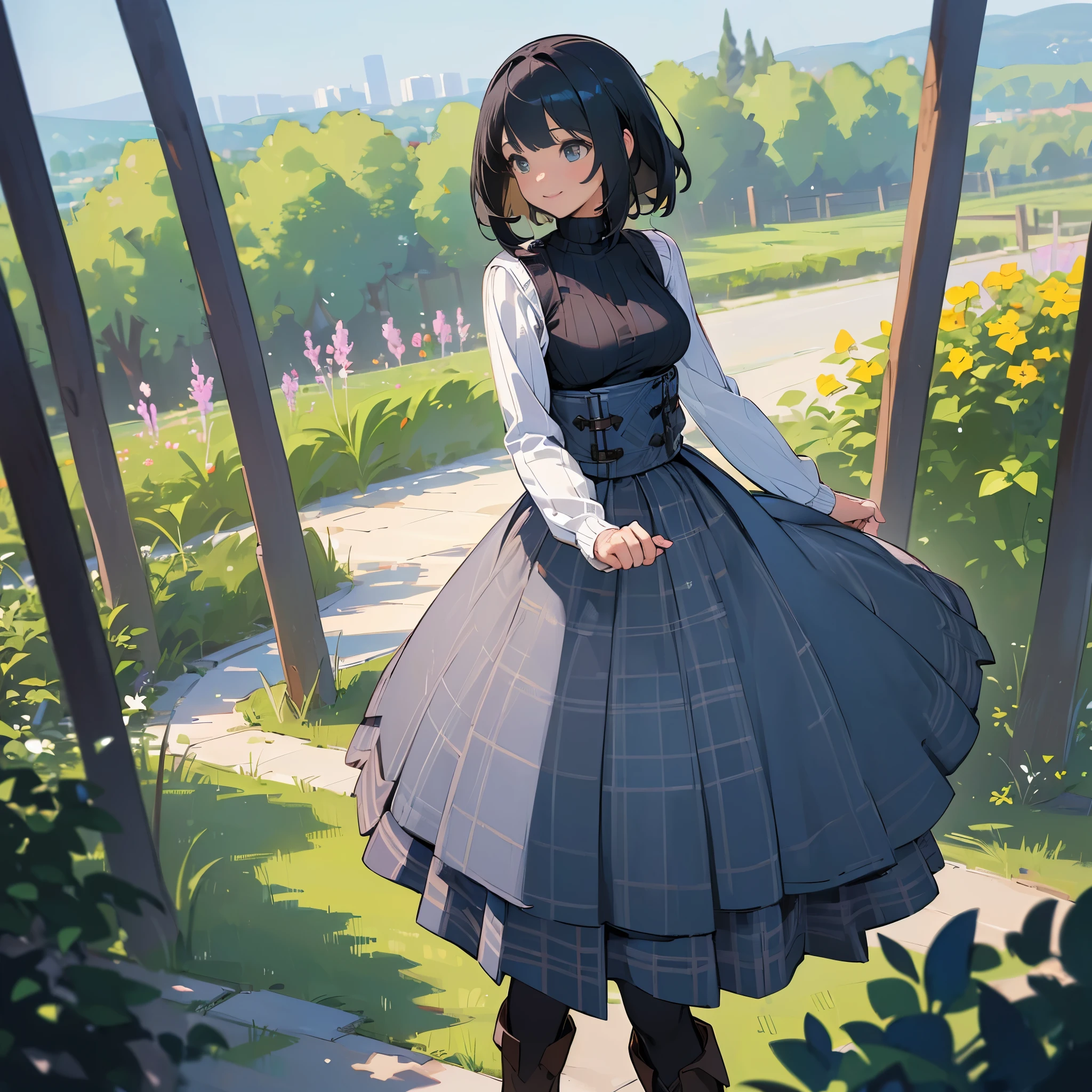 (high quality, high resolution, Super detailed, Reality:1.37), peaceful atmosphere, (outdoor, garden), girl standing alone, (My breasts are big.), Beautiful detailed features, cute smile, (black bob hair), ribbed sweater, blue plaid skirt, Black tights, brown boots.