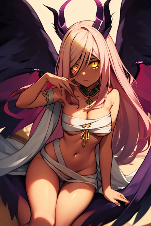 trickywi,<lora:trickywi-lora-nochekaiser:1>,trickywi,long hair,animal ears,tail,pink hair,wings,horns,dark skin,hair over one eye,dark-skinned female,demon wings,dragon wings,low wings,(yellow eyes:1.5),navel,cleavage,bare shoulders,jewelry,medium breasts,collarbone,choker,bracelet,bandages,bandaid,sarashi,bandaid on leg,naked bandage,looking at viewer,outdoors,<lora:GoodHands-vanilla:1>,(masterpiece:1.2),best quality,high resolution,unity 8k wallpaper,(illustration:0.8),(beautiful detailed eyes:1.6),extremely detailed face,perfect lighting,extremely detailed CG,(perfect hands, perfect anatomy),