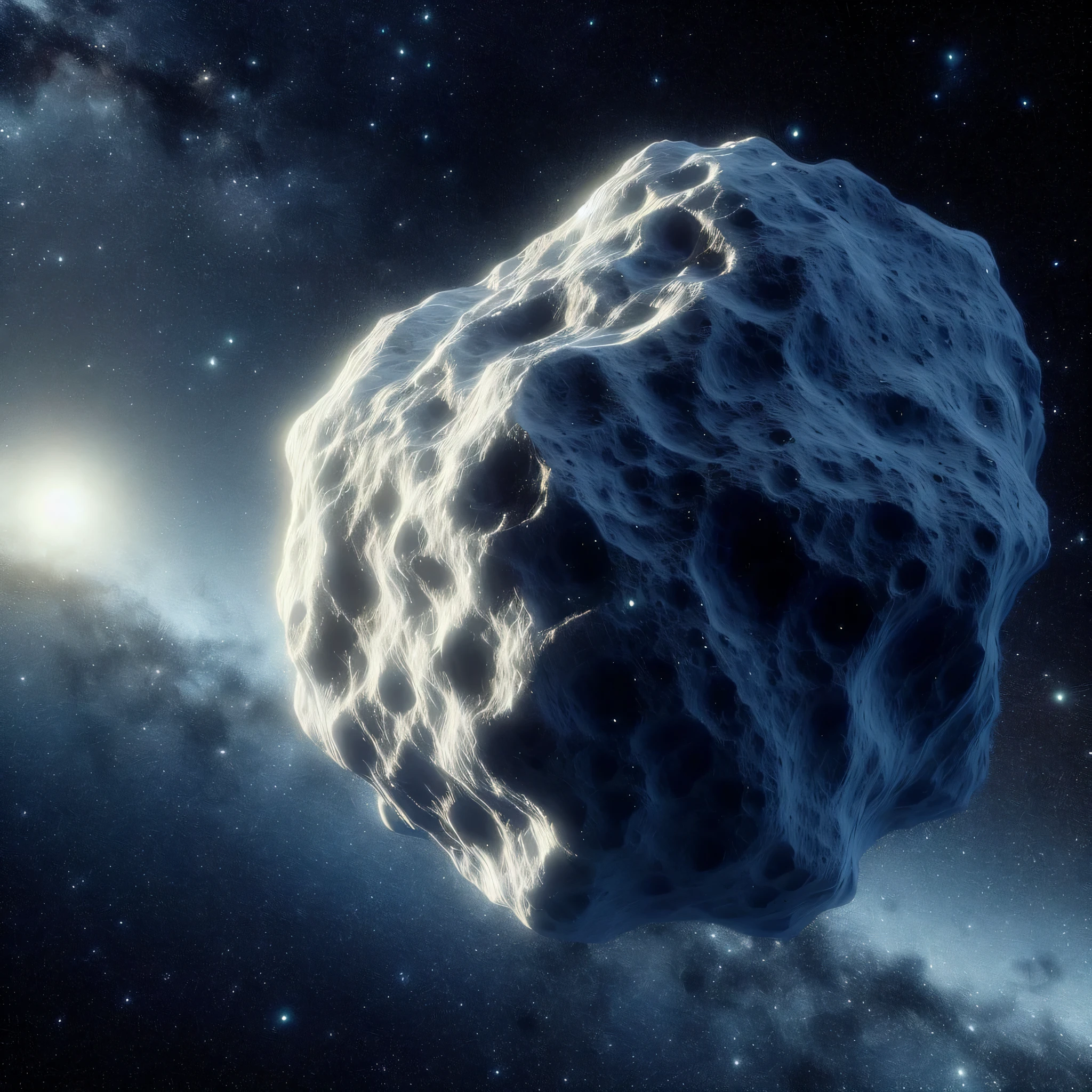 a close up of a large rock in the middle of a galaxy, metallic asteroid, meteor, comet, meteorite, asteroid belt, spaceengine, on the surface of an asteroid, asteroids, asteroids realistic cinematic, panspermia, asteroid belt in distance, comets, stardust in atmosphere, meteorites, hades supergiant, rendering, shining meteor, rendered image
