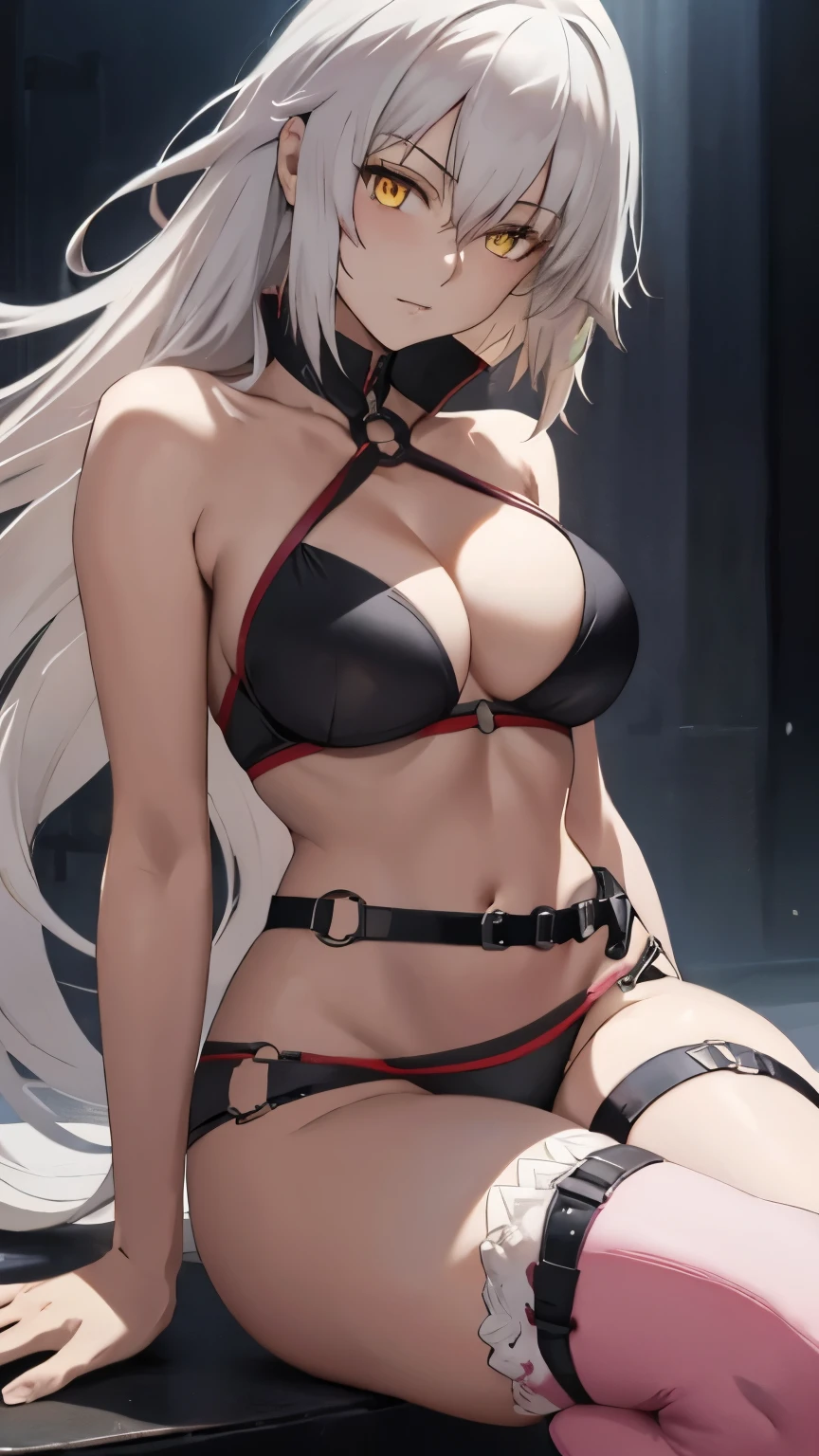 summer_jalter, yellow_eyes, long hair, mature, single thighhigh, white hair, thigh strap, bikini, 1girl, solo, closeup