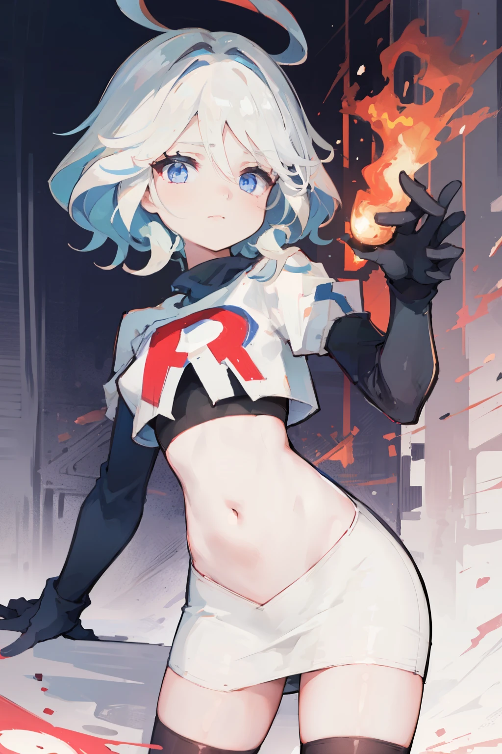 One girl, Delicate face, of the highest quality, The 8k quality, team rocket,team rocket uniform,white skirt,red letter R,crop top,black thigh-highs,black elbow gloves