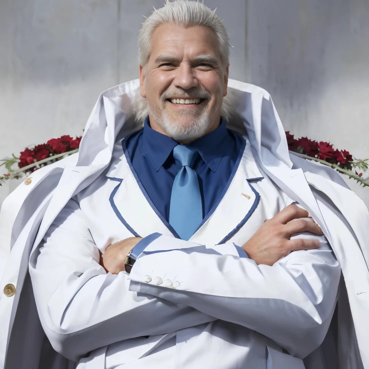 (masterpiece), (realistic), (ultra detailed), ( high reest quality), (photorealistic), (perfect face), old man, 1male, solo, ((50 years old)), American  (((muscular))), monkey d. Garp from one piece, monkey d. Garp, Garp, (( spiky haircut)), ((white hair)), white beard, white mustache, The character has white hair on the sides, wears a white shirt, wears white pants, wears white shoes, wears a blue tie, his shirt buttons are gray, wears a white robe with a rank symbol on his shoulder, wearing a white robe, ((The character's mouth laughs evilly)), Behind the distance there is a white stone wall, detailed fingers, detailed hand