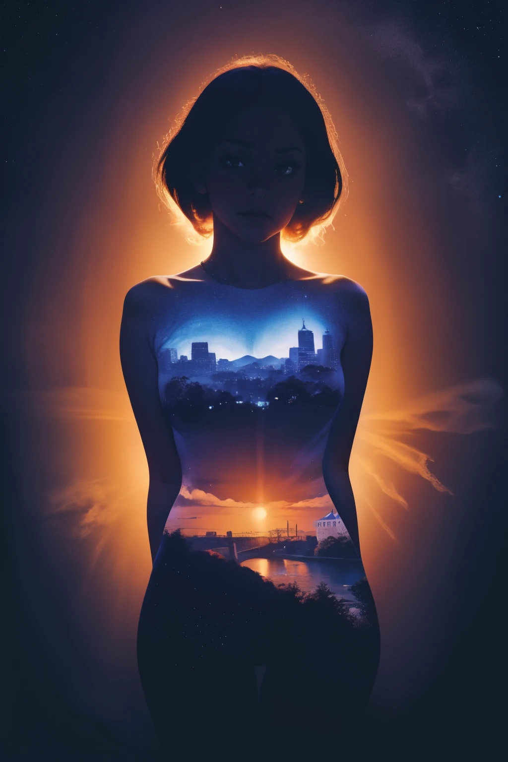 Solo African American girl holding her hands around a heart-shaped moon on her chest, darken silhouette, heavenly city and starry night by Vincent Van Gogh, 
Bokeh flower, gradient twilight background, uhd, surreal, fractal, high detailed masterpiece 