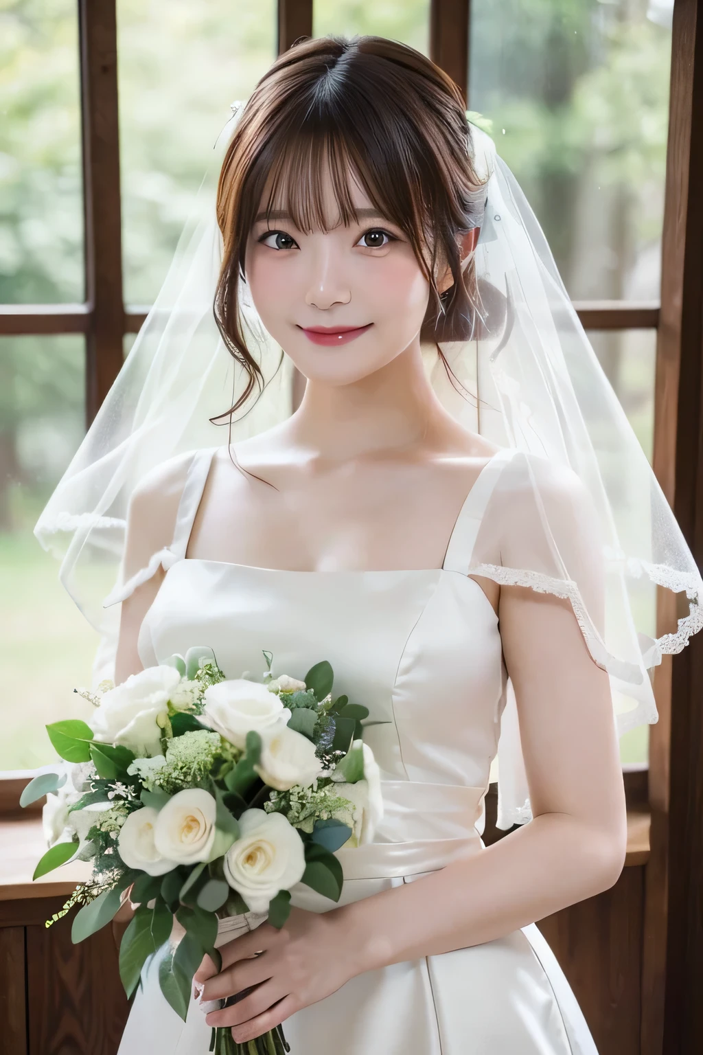 (highest quality,masterpiece:1.3,ultra high resolution,),(Super detailed,caustics),(Photoreal:1.4,RAW shooting,)ultra-realistic capture,very detailed,High resolution 16K human skin closeup。 natural skin texture、,The pores are、、、Must be detailed enough to be easily identified。 Skin should look even-toned and healthy。 Use natural light and color,1 girl,Japanese,cute,22 years ago,(smile),looking at camera,natural brown hair,half up,medium sized breasts,wedding veil,pure white wedding dress,holding a bouquet,stand upright,looking at camera,chapel,(dirt illuminated by light,(Front view),Front view,cowboy shot,natural soft light