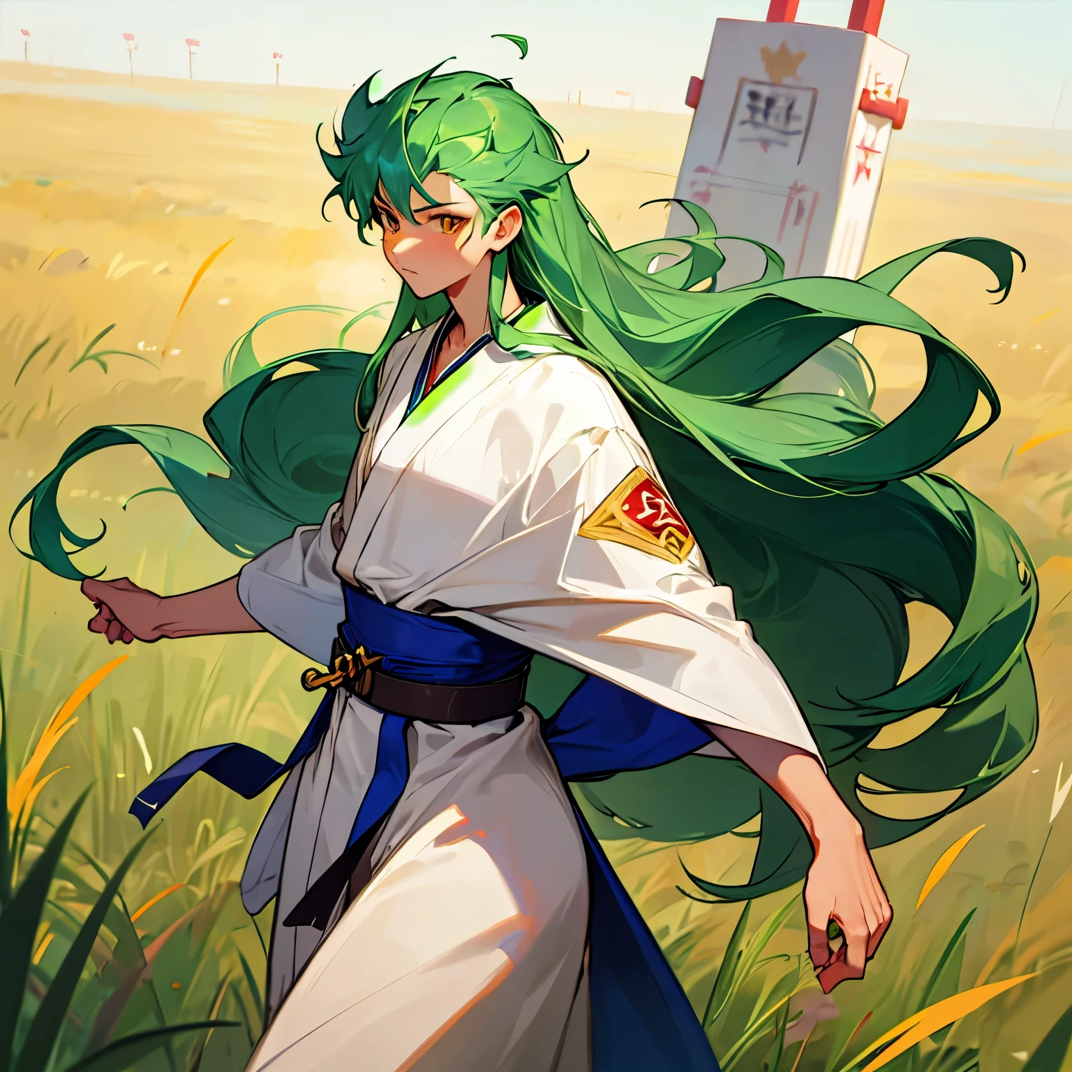 Light Green Hair , Golden Eyes , White Robes , Blue Sash belt , martial arts clothing, Long Hair , Wavy Hair , Muscular , Sunny Grassy Planes background , Adult Male , Gon Hair , Old male 