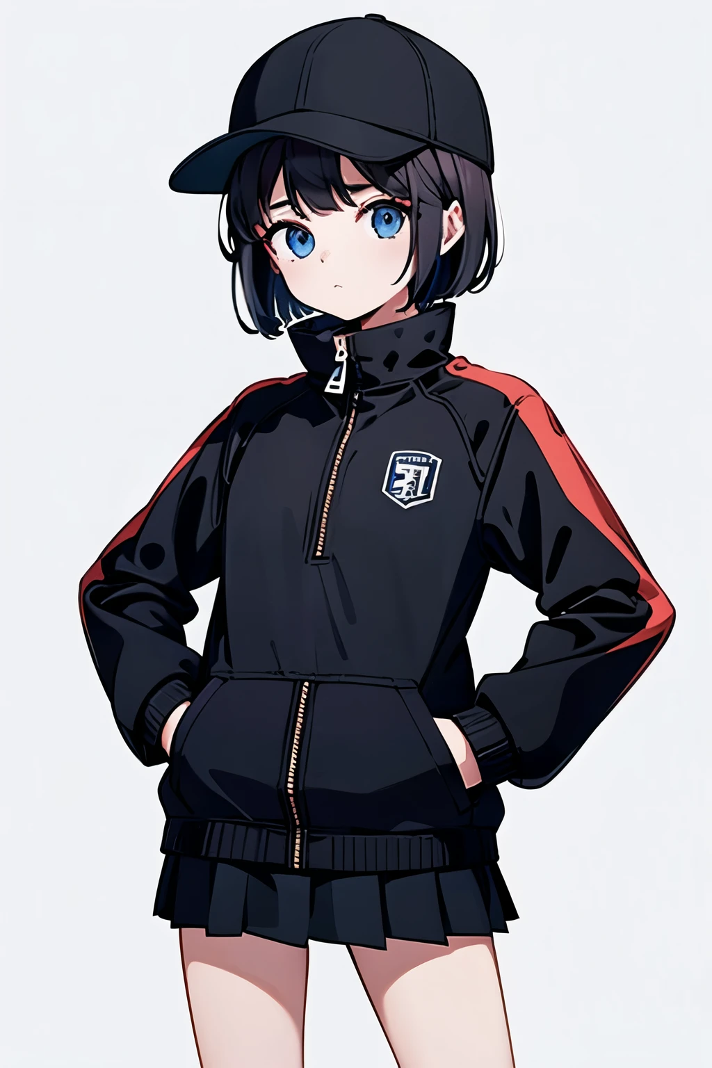 (((masterpiece, illustration, best quality))), 1girl, solo, blue eyes, ((detailed eyes)), looking at viewe, ((short hair)), ((black hair)), standing, ((baseball hat)), white headwear, upper body, black jacket, Closed sweater, ((Scenenary:white background)), black socks, ((black shirt)), perfect body, fit body, (closed mouth), li, (hands in pockets), waterproof jacket, skirt white