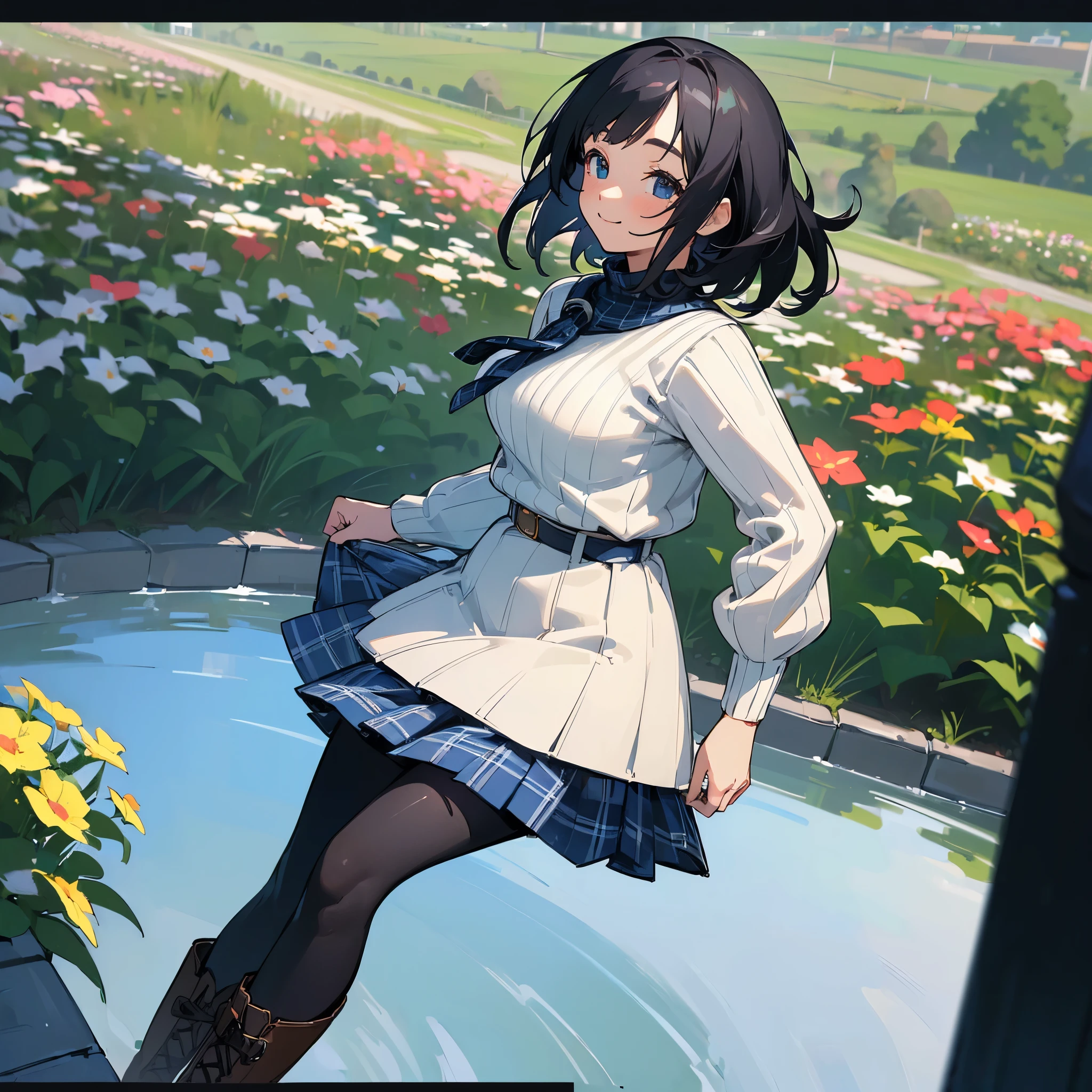 (high quality, high resolution, Super detailed, Reality:1.37), peaceful atmosphere, (outdoor, garden), girl standing alone, (My breasts are big.), Beautiful detailed features, cute smile, (black bob hair), ribbed sweater, blue plaid skirt, Black tights, brown boots.