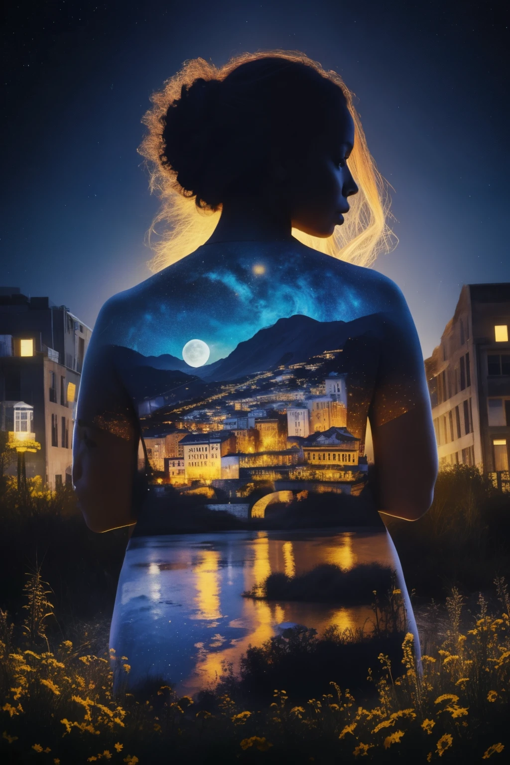 a praying African American girl, silhouette, heavenly city in ruins, double exposure, against the background of (Starry Night by Van Gogh1:1),
Bokeh flower, full moon, surreal, fractal, high detail 