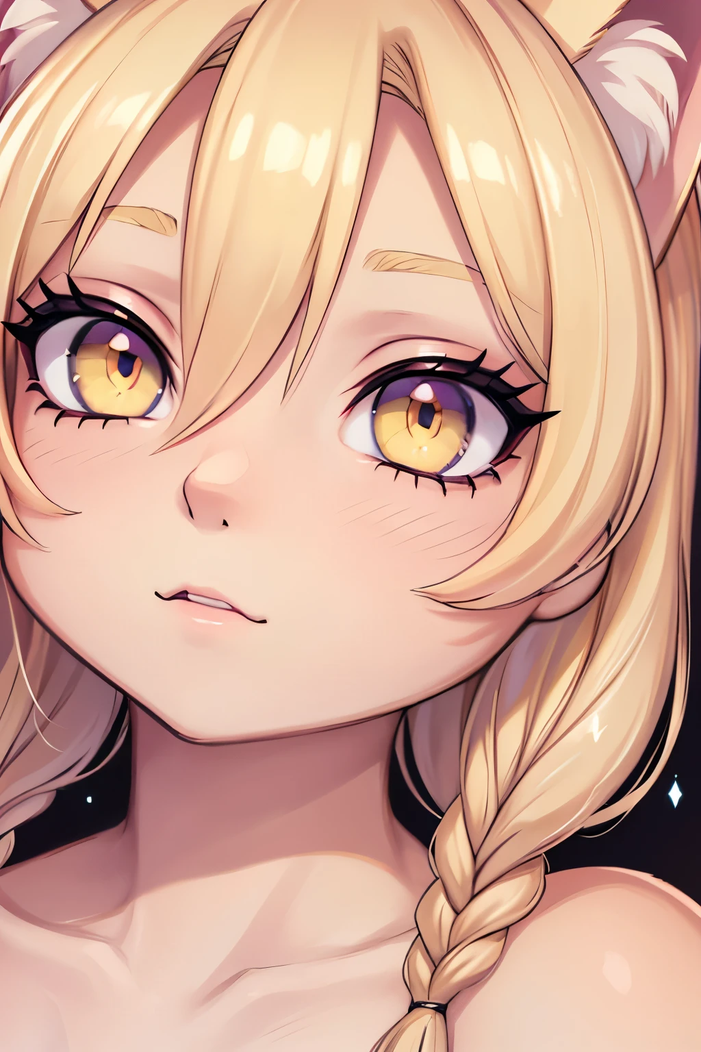 Catgirl, (blonde hair), braid, detailed face, blonde ears, ((face close-up)), Yellow eyes, expressive eyes,
BREAK,
Soft delicate make-up inspired by cherry blossoms, Subtle pink lipstick for a floral luminosity, Brightening glossy makeup with cherry blossom pink eyeshadow, lids reflecting the soft hues of cherry blossoms, and a glossy lip in a petal-pink shade, achieving a gentle and blossoming appearance,