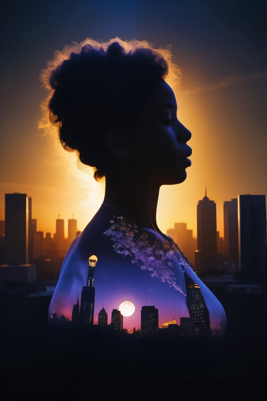 a praying African American girl, silhouette, heavenly city in ruins, double exposure, 
Bokeh flower, full moon, surreal, fractal, high detail 