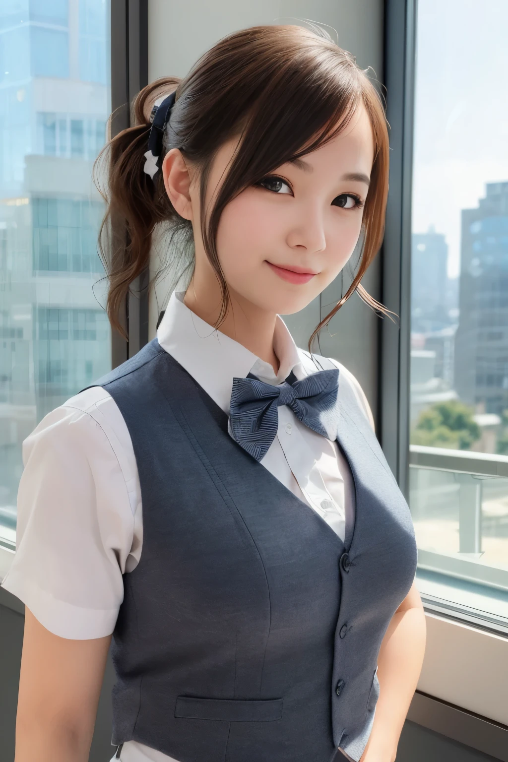 1girl, matured female, vest, bow, photo, realistic, best quality, hires, detailed face, office, buildings from window, detailed background, diffused sunlight, depth of field, bokeh