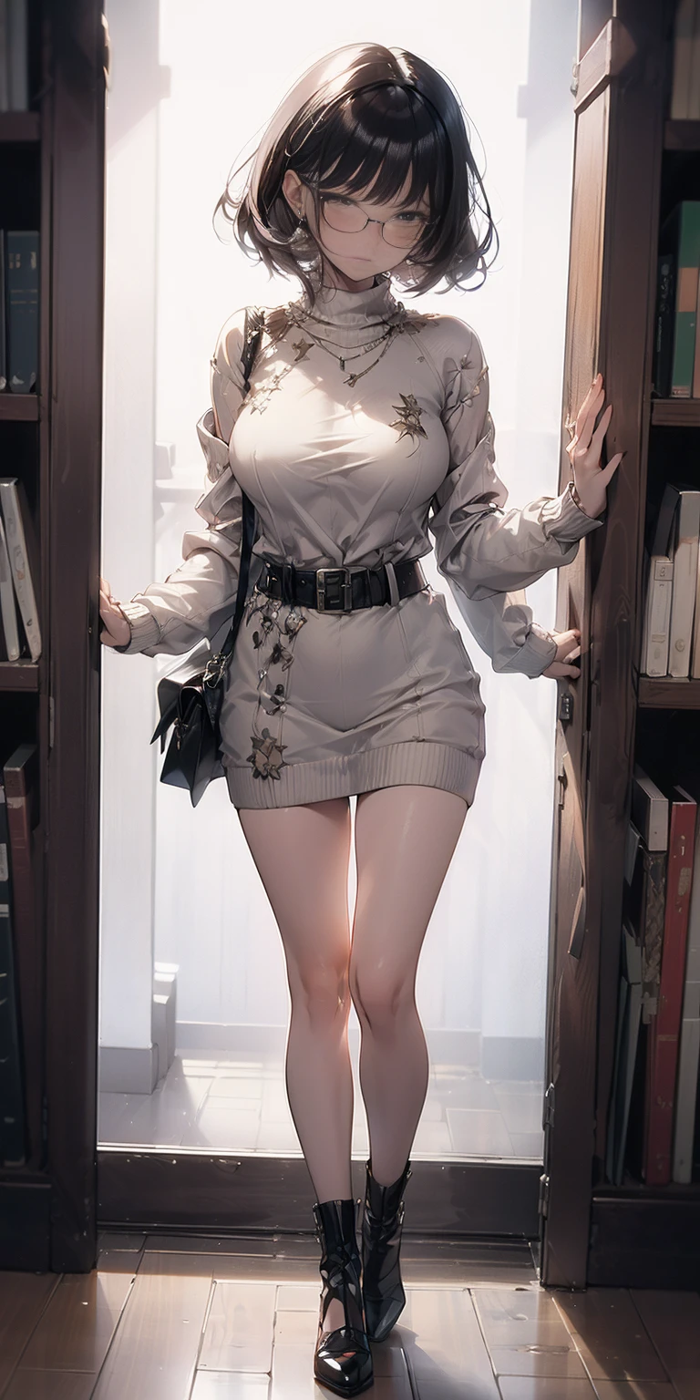full-body close-up, create an elegant atmosphere, (masterpiece),(best quality), glasses, chakumomi, pov hand, breast grab, (embarrassed),sweater, in library,