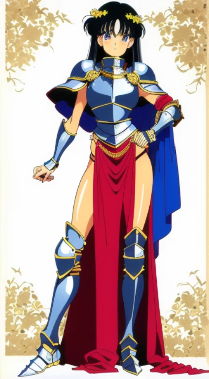 "(masterpiece), best quality,
1girl, (80s anime style:1.5), (eyelashes:1.5),
(intricate high detailed body:1.2),
black hair,
(hair between eyes:1.2),
brown eyes,
(pelvic curtain:1.1),
(detailed pupils:1.1),
sarong,
(knight armor, armored boots, capelet:1.2),
sleeve, hair ornament,
standing,
full body,
( white background:1.3)"