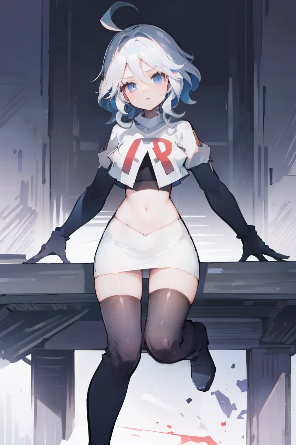 One girl, Delicate face, of the highest quality, The 8k quality, ahoge, team rocket,team rocket uniform,white skirt,red letter R,crop top,black thigh-highs,black elbow gloves