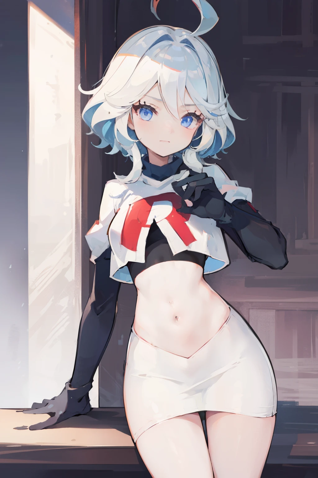 One girl, Delicate face, of the highest quality, The 8k quality, ahoge, team rocket,team rocket uniform,white skirt,red letter R,crop top,black thigh-highs,black elbow gloves