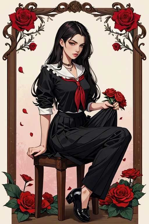 camellia, flower, red_flower, red_rose, rose, katana, 1girl VAMPIRE, pink_rose, pink_flower, spider_lily, shoes, long hair, Victorian gothic clothing, serafuku, sheath, skirt, soil, sheathed, vase, looking_at viewer, sitting, orange_flower, pleated_skirt, rose_petals, black_shirt, black_pants, black_skirt, hibiscus, very long_hair, parted lips, moccasins, red necklace, black_hair, neckerchief