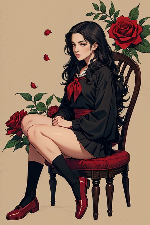 camellia, flower, red_flower, red_rose, rose, katana, 1girl VAMPIRE, pink_rose, pink_flower, spider_lily, shoes, long hair, Victorian gothic clothing, serafuku, sheath, skirt, soil, sheathed, vase, looking_at viewer, sitting, orange_flower, pleated_skirt, rose_petals, black_shirt, black_pants, black_skirt, hibiscus, very long_hair, parted lips, moccasins, red necklace, black_hair, neckerchief