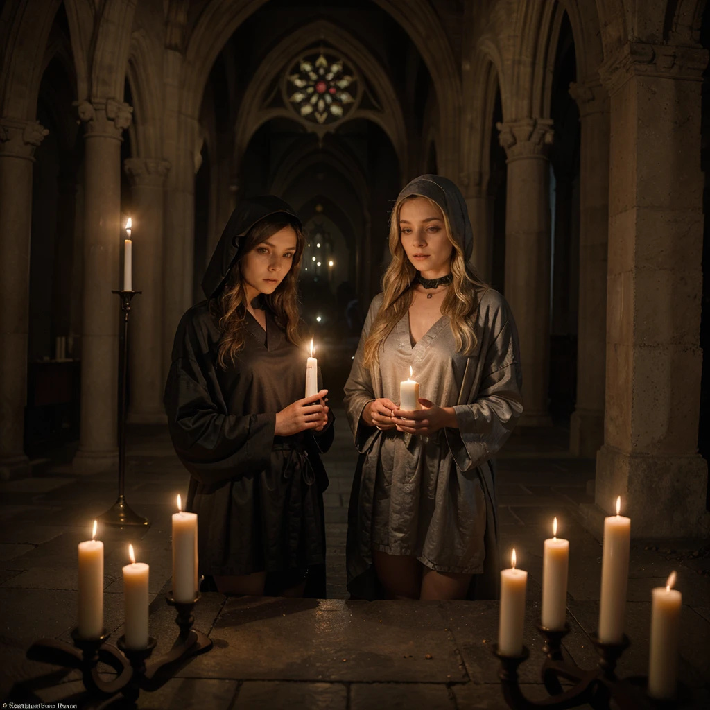(((two beautiful delicate young medieval women,enigmatic expressions,wet skin,slim bodies,bare small upturned breasts half hidden by half open long hooded robes,long messy blonde hair))),castle courtyard,rain,wind,cinematic,realistic