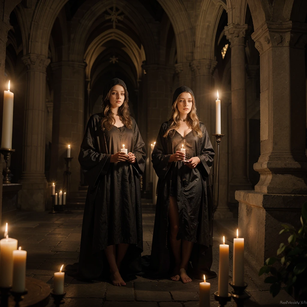 masterpiece, best quality, beautiful very young blonde girls dressed in mysterious robes in a huge old gothic style cathedral, candle lighting, sacrificial ritual, strange ceremony, fog and cold, highly detailed, photorealism, photographic look, RAW style