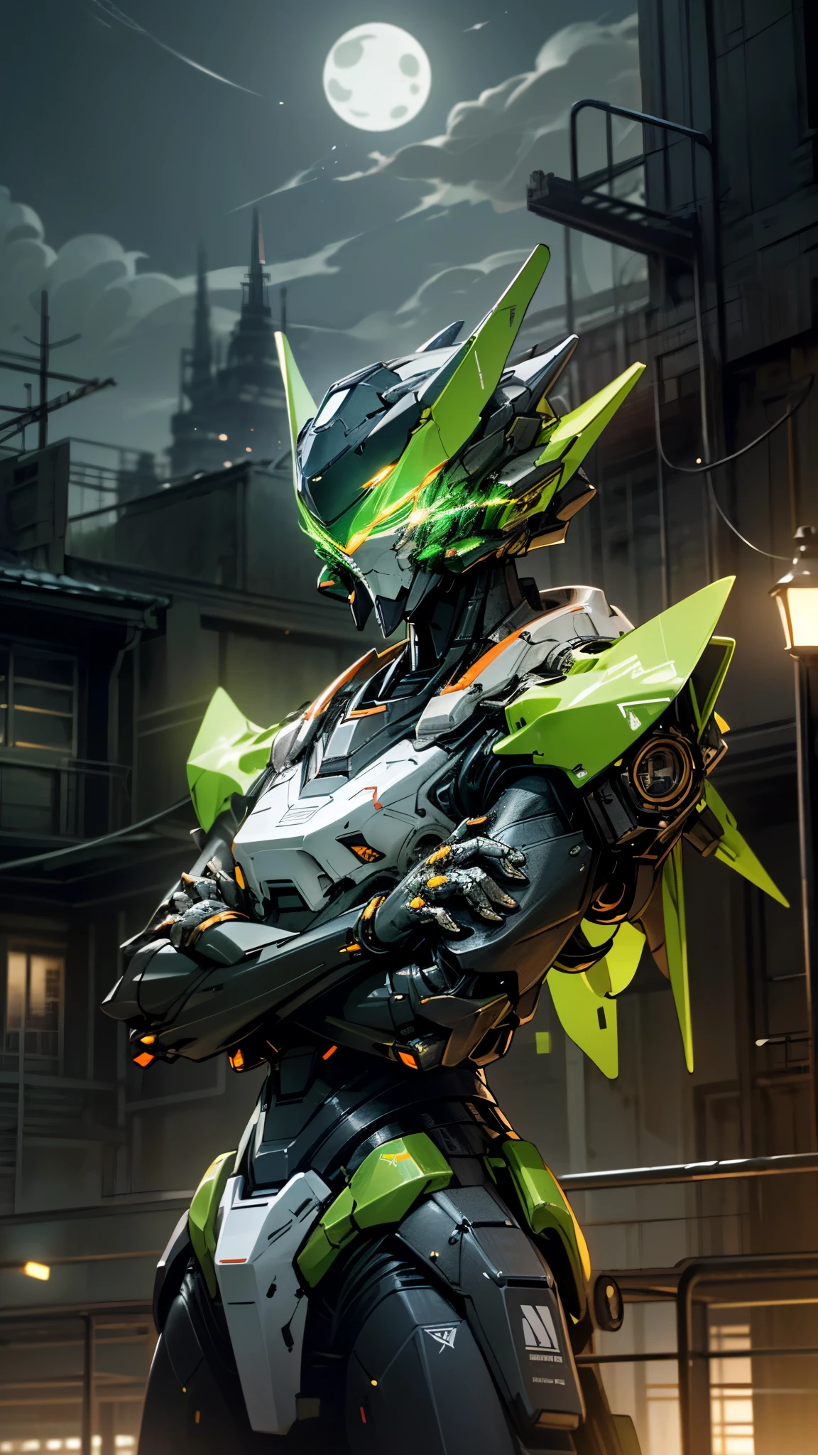 (UHD, retina, masterpiece, accurate, anatomically correct, textured skin, super detail, high details, high quality, best quality, high res, 1080P, HD, 4K, 8k, 16k), studio lighting, physically-based rendering, vivid colors, (glowing, robot, mecha, realistic_mecha, science_fiction), (sky, moonlight, city, building, no_humans), (white & lime green, glowing_eyes, crossed arms, front_view, night:1.5),