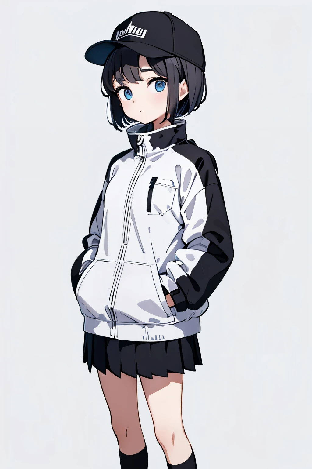 (((masterpiece, illustration, best quality))), 1girl, solo, blue eyes, ((detailed eyes)), looking at viewe, ((short hair)), ((black hair)), standing, ((baseball hat)), white headwear, upper body, black jacket, Closed sweater, ((Scenenary:white background)), black socks, ((black shirt)), perfect body, fit body, (closed mouth), loli, (hands in pockets), waterproof jacket, skirt white