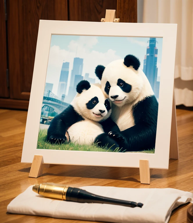 Use pandas， Architecture，and  food，Create a painting to express life in 。composition，Random color design，flat frame