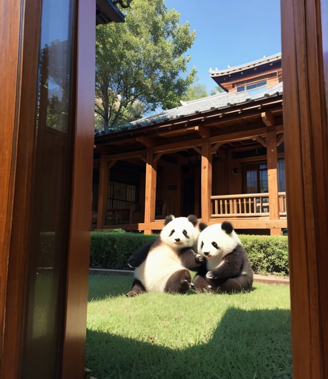 Use pandas, Architecture,and food,Create a painting to express life in 。composition,Random color design,flat frame