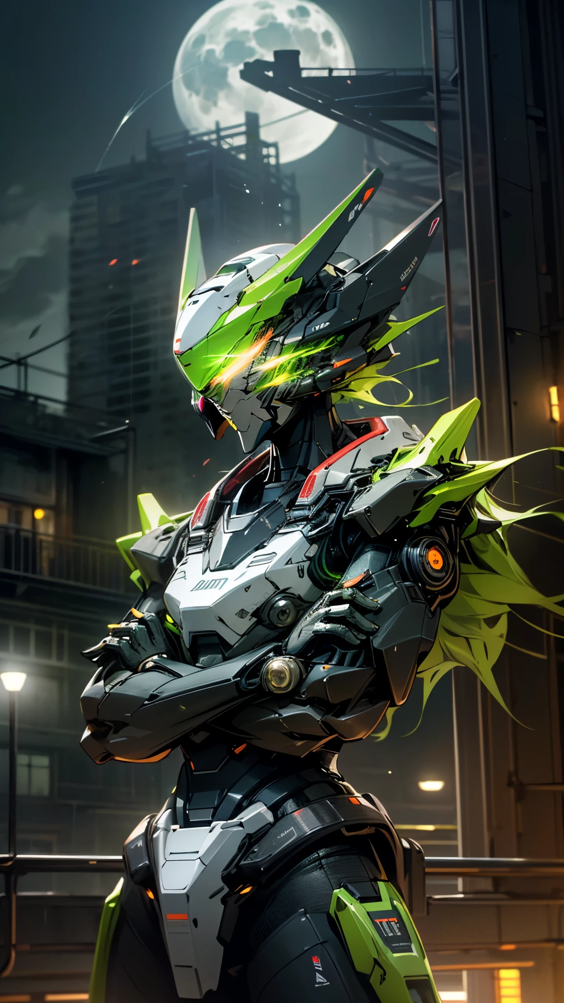 (UHD, retina, masterpiece, accurate, anatomically correct, textured skin, super detail, high details, high quality, best quality, high res, 1080P, HD, 4K, 8k, 16k), studio lighting, physically-based rendering, vivid colors, (glowing, robot, mecha, realistic_mecha, science_fiction), (sky, moonlight, city, building, no_humans), (white & lime green, glowing_eyes, crossed arms, front_view, night:1.5),