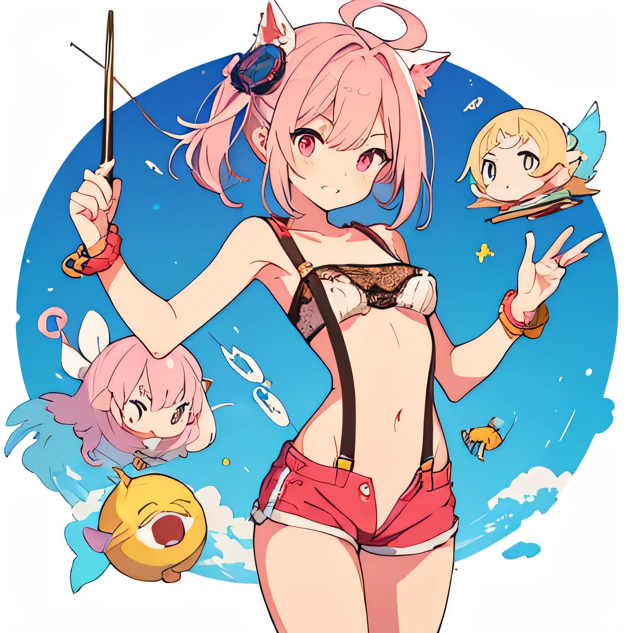 (small breasts)、light shining from the front、bright、(background white)、bright、(simple background)、Laughter、((masterpiece))、((highest quality))、(Super fine) )、((cute))、(Beautiful)、((sexy))、(Erotic)、((very detailed))、In 4K、(In 8K)、(beautiful)、An illustration、solo、((beautiful目))、yoga pose、(((slender body)))、dance pose.pantyhose.pink suit、Key Visual、sublime color、perfect anatomy、good hand、perfect hands、best hand、1 girl、美しくてcute女性、(((Vtuber-full bodyVtuber-half body)))、((best quality)), ((muste piece)), (detailed breasts), perfect face.Tube top.(((lace tube top))).pink hair.short hair.(((hot pants))).(((suspenders))).Kimono.Japanese pattern.casino dealer clothing woman An illustration shorts stripe ピErotic Most famous as the god of fishing、A red shell on your arm、I have a fishing rod in my arm。The prayer for a big catch has changed to a prayer for a prosperous business.。Lord Ebisu is、He is the only god of Japanese origin among the Seven Lucky Gods.。