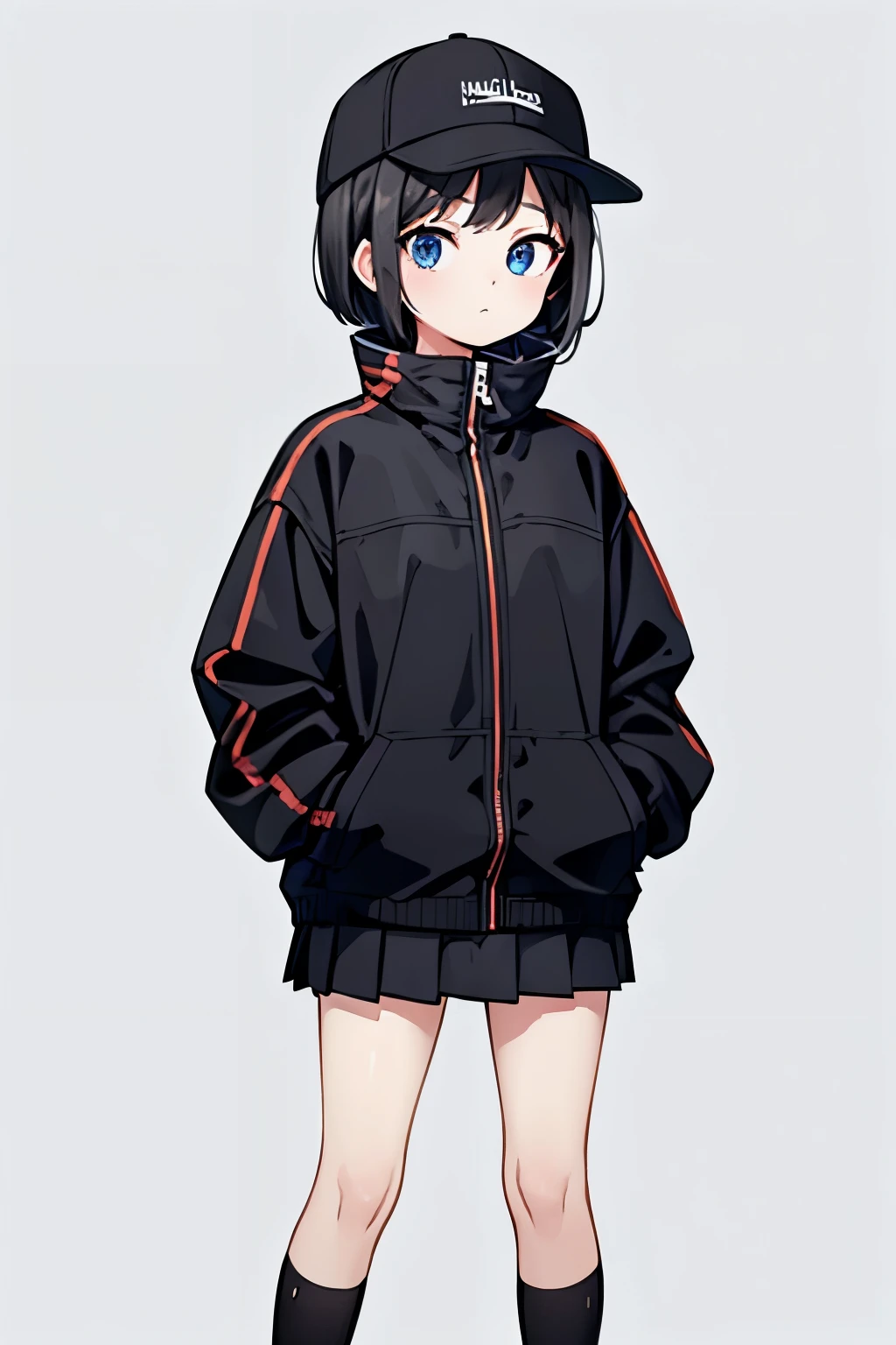 (((masterpiece, illustration, best quality))), 1girl, solo, blue eyes, ((detailed eyes)), looking at viewe, ((short hair)), ((black hair)), standing, ((baseball hat)), white headwear, upper body, black jacket, Closed sweater, ((Scenenary:white background)), black socks, ((black shirt)), perfect body, fit body, (closed mouth), li, (hands in pockets), waterproof jacket, skirt white