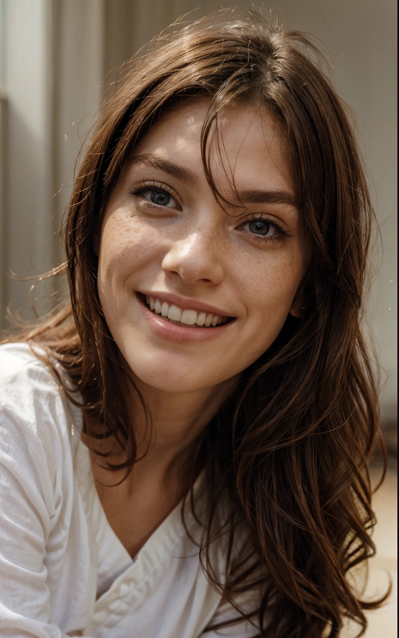 https://.seaart.ai/explore/detail/cm1k3gde878c73ci32n0 hyper realistic, freckles, beautiful brunette, big smile, long hair, half body,