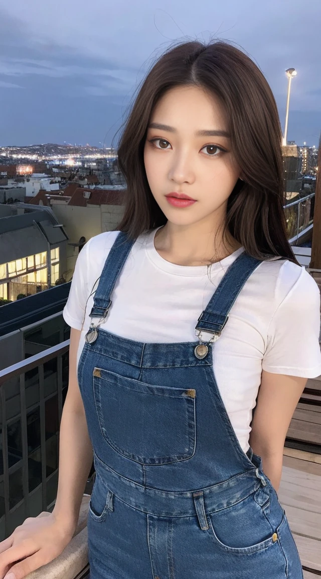((midnight, best quality, 8k, masterpiece :1.3)), whole body, long legs, sharp focus :1.2, beautiful woman,Perfect body :1.4, slim abdominal muscles :1.1, ((dark brown hair, :1.2)), (White tight T-shirt, overalls jeans, permanent:1.2), ((city night view, roof:1.3)), Highly detailed facial and skin textures, delicate eyes, double eyelids
