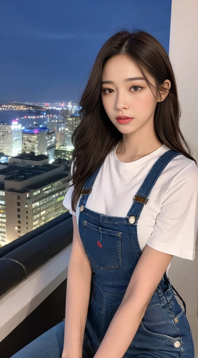 ((midnight, best quality, 8k, masterpiece :1.3)), whole body, long legs, sharp focus :1.2, beautiful woman,Perfect body :1.4, slim abdominal muscles :1.1, ((dark brown hair, :1.2)), (White tight T-shirt, overalls jeans, permanent:1.2), ((city night view, roof:1.3)), Highly detailed facial and skin textures, delicate eyes, double eyelids