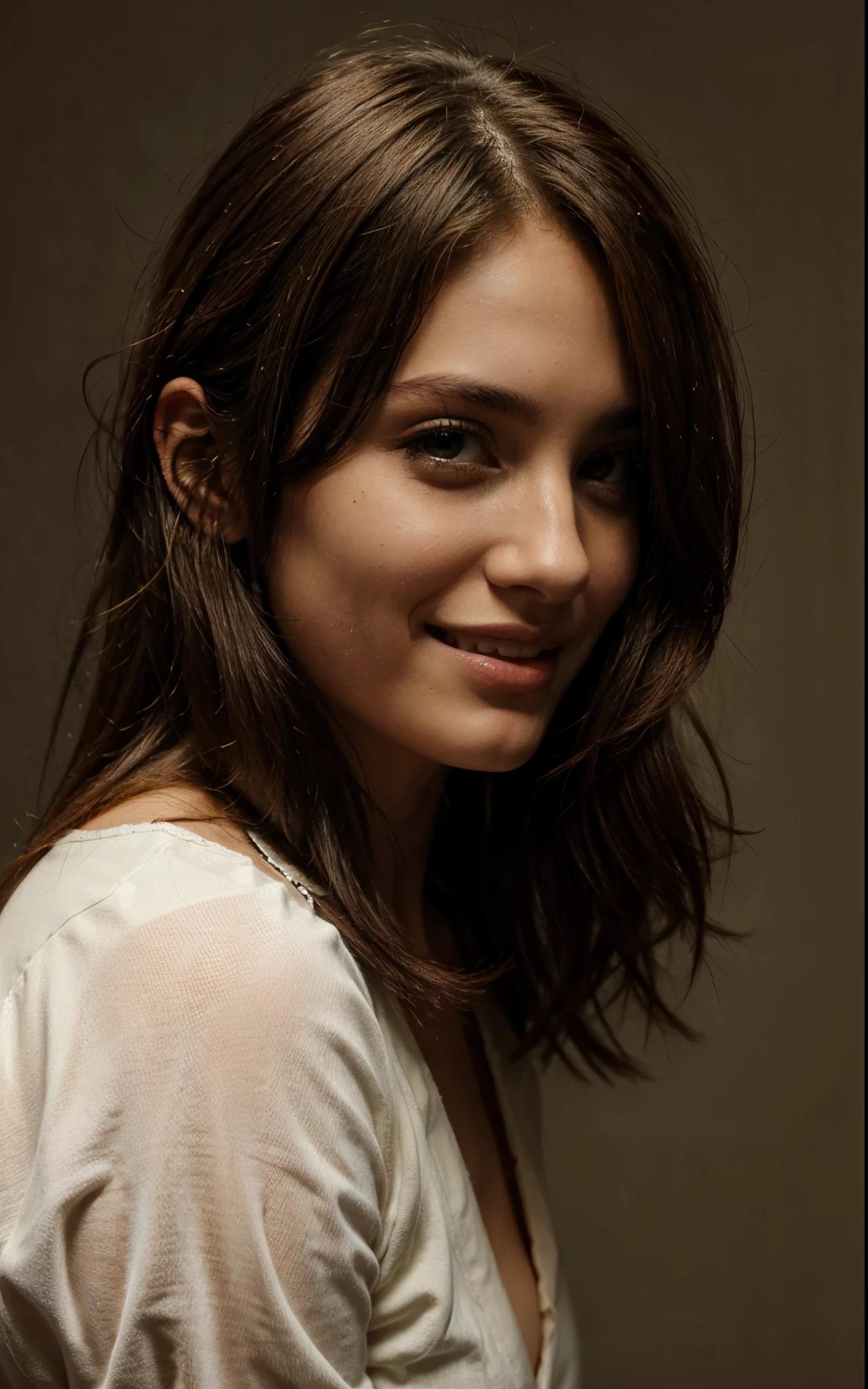 Beautiful brunette smiling, green eyes, long hair, front face