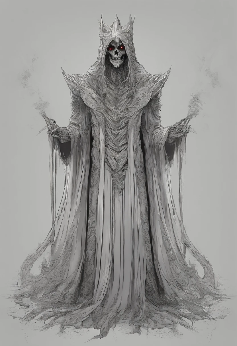 (best quality,4k,8k,highres,masterpiece:1.2),ultra-detailed,(realistic,photorealistic,photo-realistic:1.37),the lich from Adventure Time,chaotic evil,menacing presence,dark aura,unearthly atmosphere,red glowing eyes,sharp teeth,decayed and bony appearance,magic powers,tattered cloak,ominous background,ominous shadows,lurking in shadows,ominous atmosphere,dark magic,evil grin,evil laugh,spreading darkness,creating mayhem,gloomy lighting,horror,otherworldly being,burning desire for chaos,dark intentions