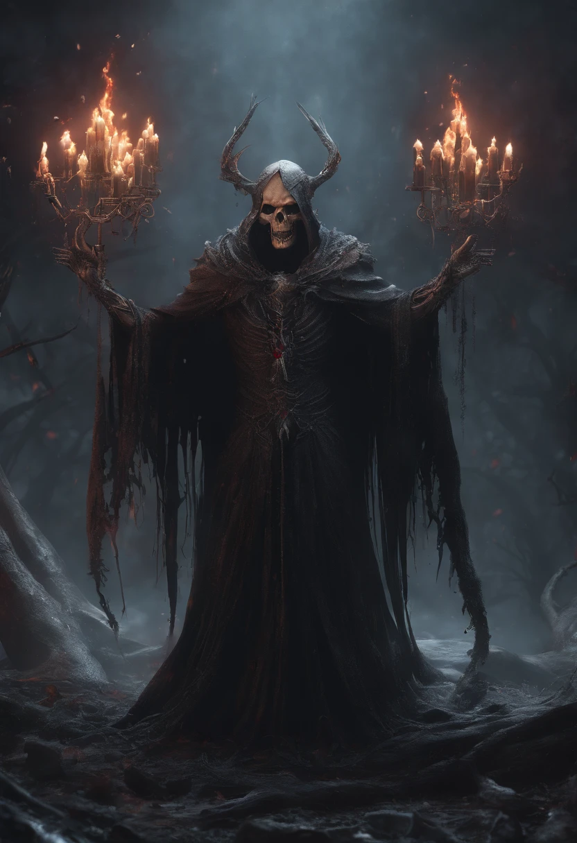 (best quality,4k,8k,highres,masterpiece:1.2),ultra-detailed,(realistic,photorealistic,photo-realistic:1.37),the lich from Adventure Time,chaotic evil,menacing presence,dark aura,unearthly atmosphere,red glowing eyes,sharp teeth,decayed and bony appearance,magic powers,tattered cloak,ominous background,ominous shadows,lurking in shadows,ominous atmosphere,dark magic,evil grin,evil laugh,spreading darkness,creating mayhem,gloomy lighting,horror,otherworldly being,burning desire for chaos,dark intentions
