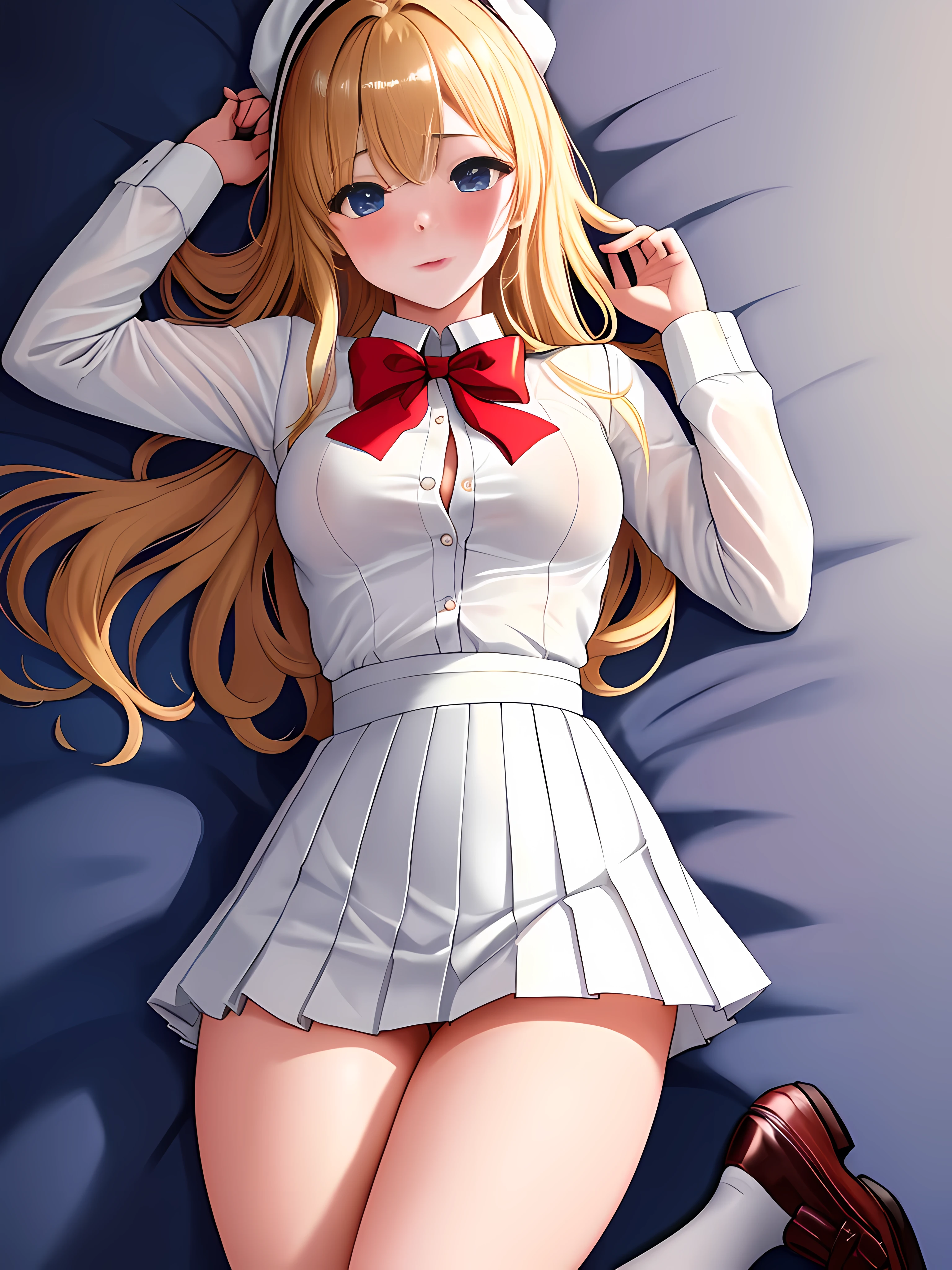Sudor y cuerpo mojado., Two beautiful high school girls kissing passionately, pervertido y lujurioso, con la cara roja y emocionada, In his bedroom, acostado en la cama con los brazos extendidos, pose sensual, en una tarde de invierno, /(pelo rubio dorado hasta la cintura, recto y largo, ojos de cielo azul, piel blanca,), half sad and nostalgic, tear in your eyes, /(uniforme escolar: blusa blanca completamente desabrochada, minifalda plisada morada, white socks with a dark line, lazo rojo en la cabeza, zapatos de charol), /(piernas bien formadas, hourglass shaped athletic body, caderas medianas, small waist, Pecho grande, sexy), detailed symmetrical realistic face, extremadamente detallado natural skin texture, pelusa de durazno, obra maestra, absurdos, nikon d850 film stock photography, camara kodak portra 400 f1.6 lentes, extremadamente detallado, Asombroso