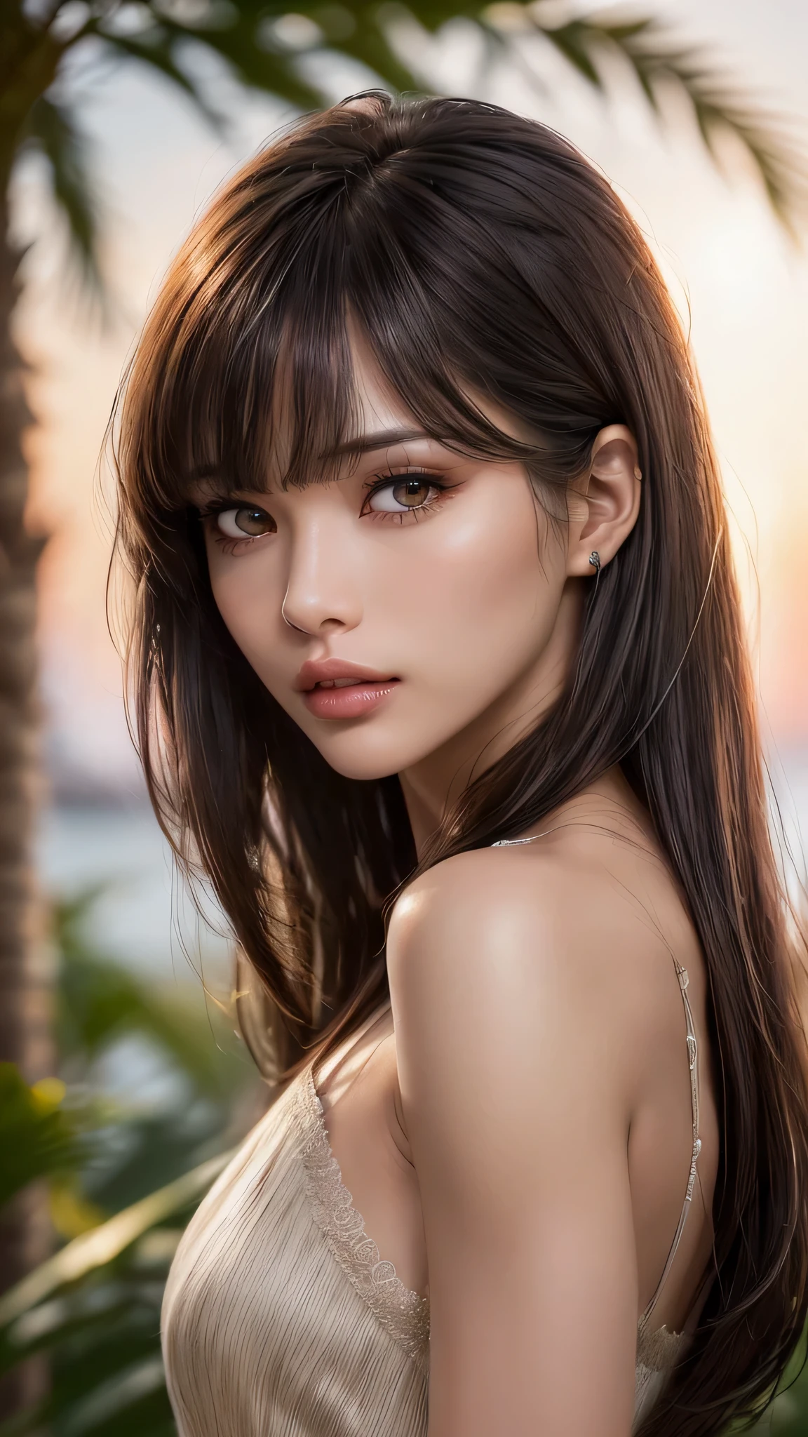 Draw a picture, Waist-high, (photorealistic:1.4), (hyperrealistic:1.4), (realistic:1.3), (smoother ((tropical sunset)) lighting:1.05), (increase Fujicolor quality:0.9), (absurd: 1.3), (best quality), (ultra sharp), RAW photo of (phenomenal model, 24 years old), (ultra detailed, ultra realistic, hyper realistic, 8K, ultra highres:1.2), realistic lighting, backlighting, light on face, ray trace, (brightening light:1.2), (Increase quality:1.4), (best quality real texture skin:1.4), finely detailed eyes, finely detailed face, finely quality eyes, (Brown) [sparkling eyes], [long eyelashes], Double eyelids, Allured Chest, (looking at viewer), slim, well-muscled body, medium ass, very detailed hair, , squatting, from below, (( (light) brown short ((side bangs)), extremely detailed)), (Increase skin texture beauty:1.1), (light makeup, [pink lipstick], eyeliner:1.2), red dress