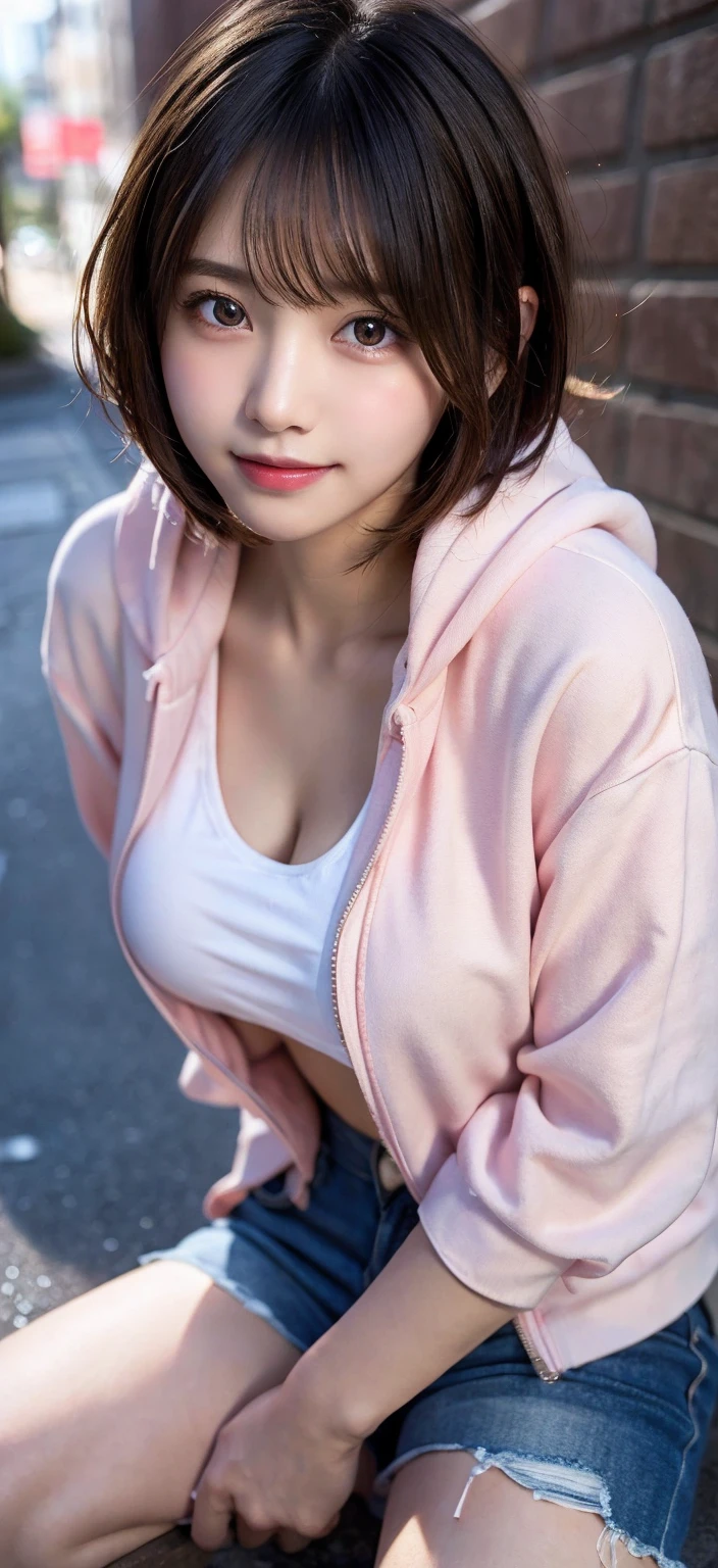 From the ground, spread your legs, shoot from below, line drawing, looking at camera, naked body, Pink zippered hoodie and low rise denim shorts, thin, kiss face, idol face, handsome face, blur the background, bob cut, huge boobs, , in addition, smile, masterpiece, highest quality, Raw photo, realistic, beautiful girl, cute, short hair, Depth of written boundary, High resolution, Super detailed, small details, very detailed, very detailedな目と顔, sharp pupils, cinematic lighting