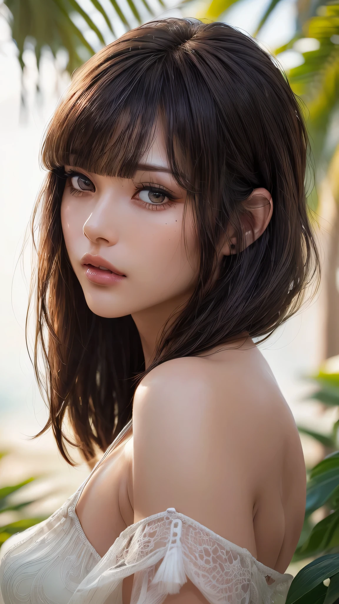 Draw a picture, (photorealistic:1.4), (hyperrealistic:1.4), (realistic:1.3), (smoother tropical sunset lighting:1.05), (increase Fujicolor quality:0.9), (absurd: 1.3), (best quality), (ultra sharp), (She is a phenomenal model, 24 years old), realistic lighting, backlighting, light on face, ray trace, (brightening light:1.2), (Increase quality:1.4), (best quality real texture skin:1.4), finely detailed eyes, finely detailed face, finely quality eyes, Brown sparkling eyes,long eyelashes, Double eyelids, (looking at viewer), slim, well-muscled body, medium ass, very detailed hair, ((light:1.3, dark short ((side swept bangs)), extremely detailed)),