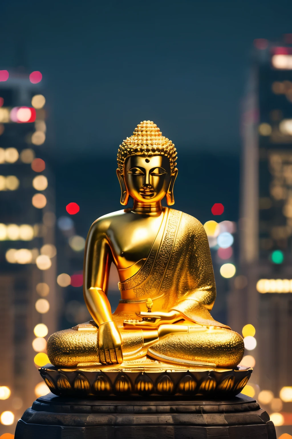 (best quality,masterpiece, intricate,ultra-detailed,realistic,RAW photo,8k uhd,ultra high res,photorealistic style,cinematic scenes, sharp focus,dramatic lighting,extremely detailed CG unity wallpaper) ,a huge buddha statue sitting in the middle of a city,